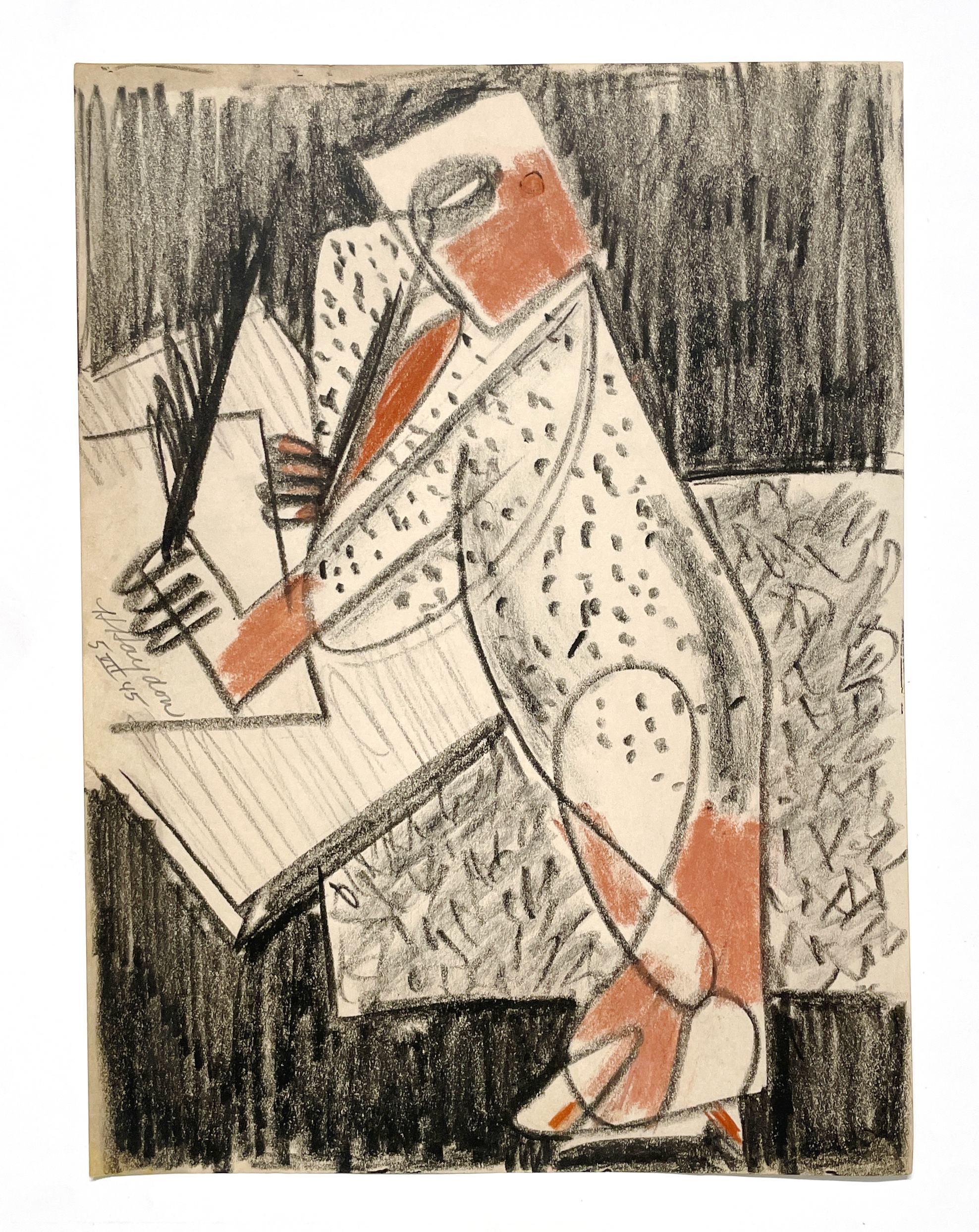Una Dinámica Escena de Estudio Cubista Moderna de Mediados de Siglo de 1945, Clase de Dibujo de Artista por el Célebre Pintor de Chicago, Harold Haydon (Am. 1909-1994).  Tamaño de la obra:  11 x 8 1/2 pulgadas, sin enmarcar, montado / flotado en