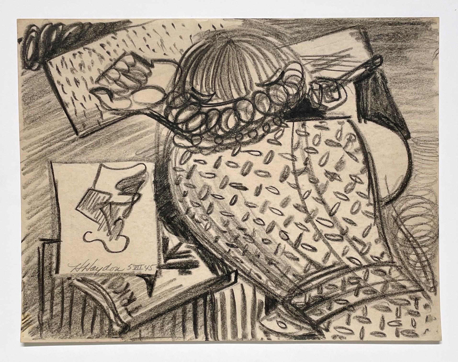 Un encantador dibujo moderno de mediados de siglo de 1940 de una mujer artista, clase de dibujo - Art moderno estadounidense de Harold Haydon