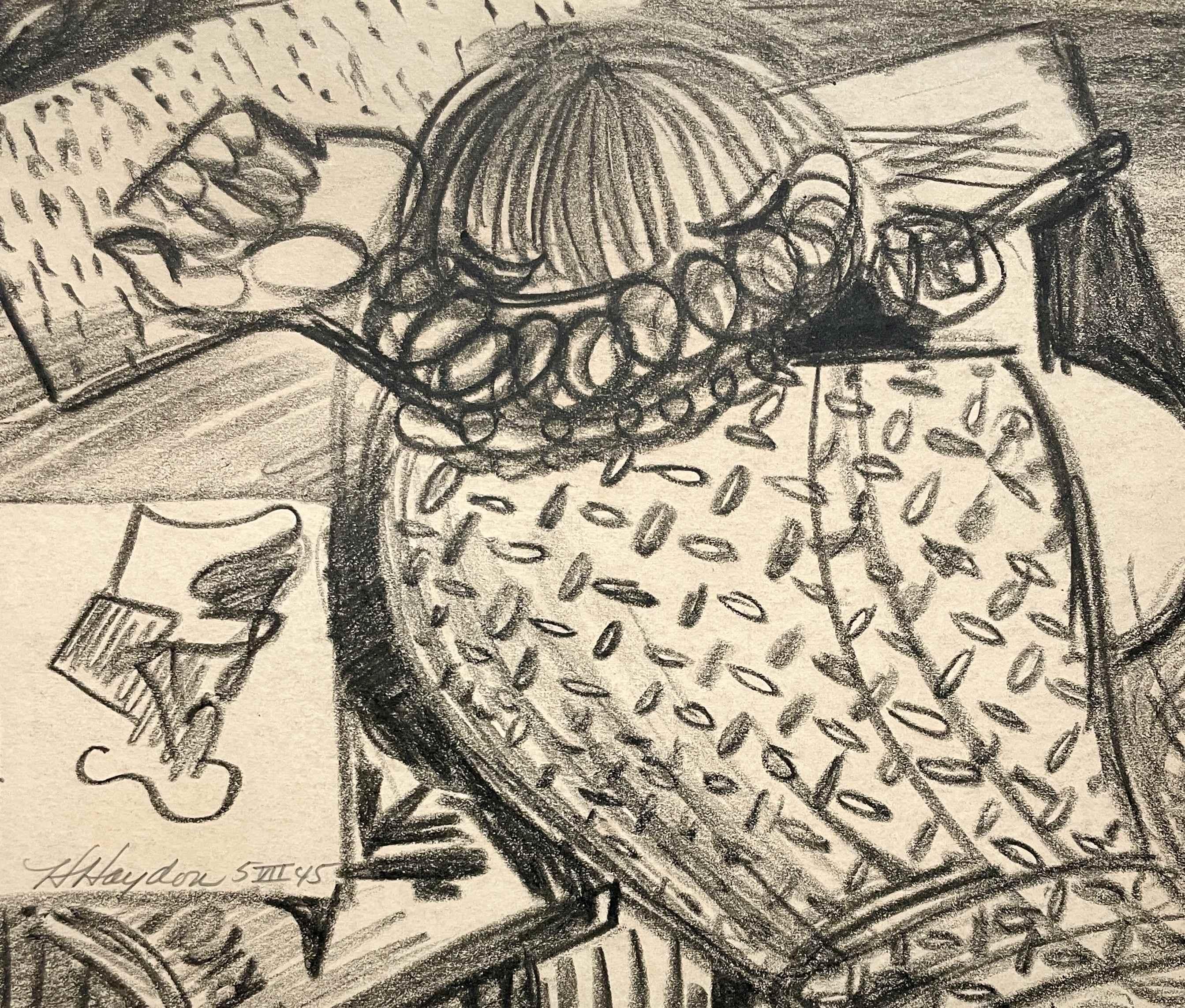 Un encantador dibujo moderno de mediados de siglo de 1940 de una mujer artista, clase de dibujo - Interior Art Beige de Harold Haydon