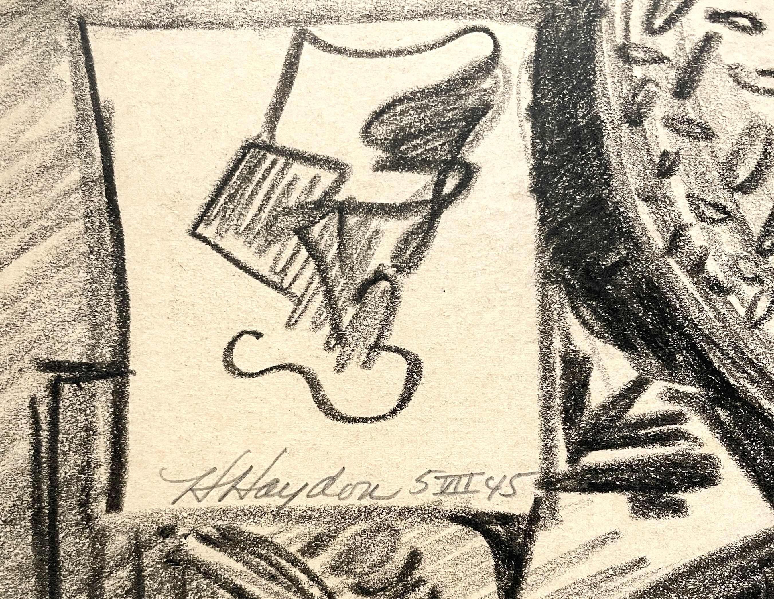 Un encantador dibujo de estudio moderno de mediados de siglo de 1940 de una artista femenina, clase de dibujo del conocido artista de Chicago Harold Haydon (Am. 1909-1994).  Tamaño de la obra:  8 1/2 x 11 pulgadas, sin enmarcar, montado / flotado en