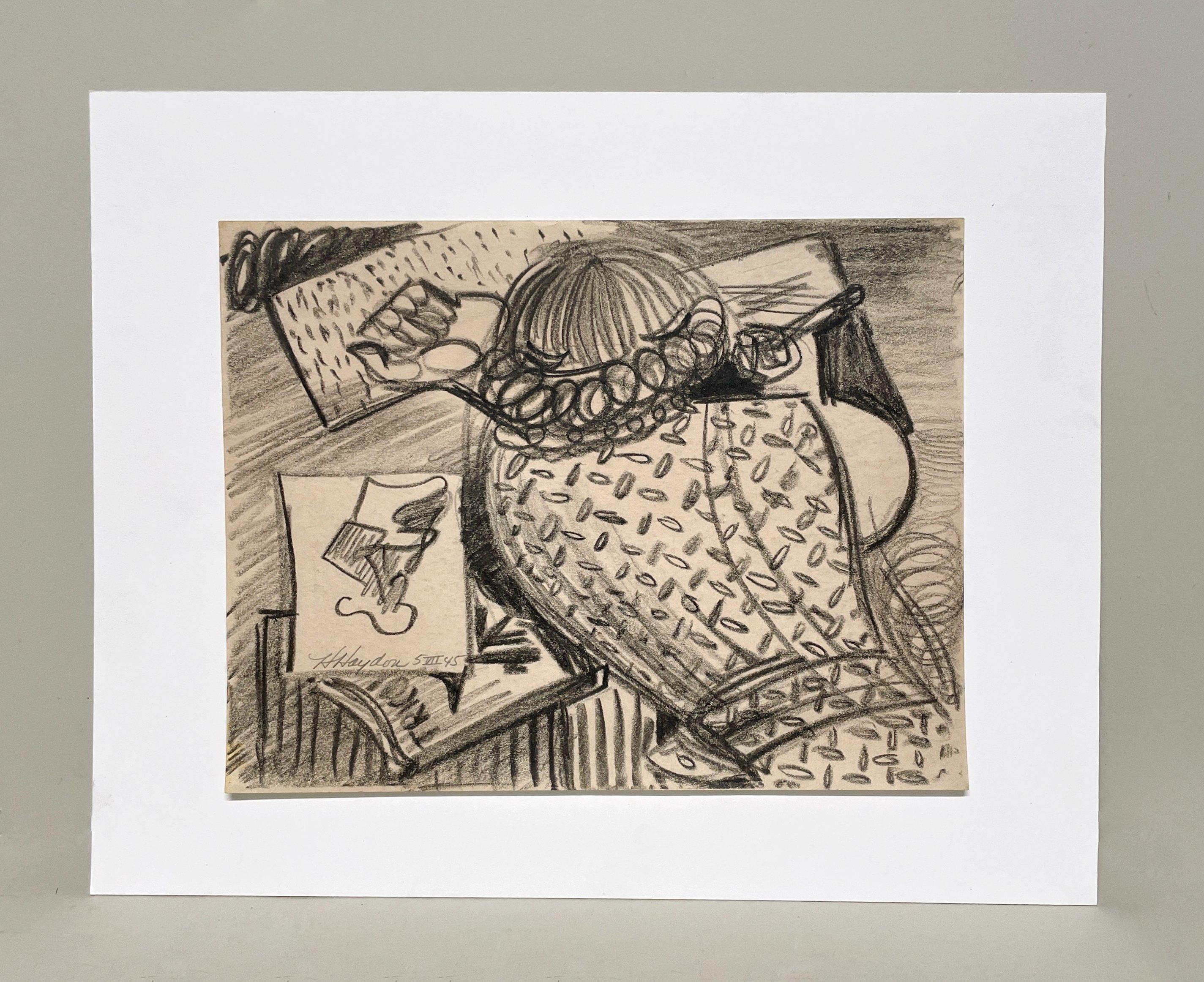 Un encantador dibujo moderno de mediados de siglo de 1940 de una mujer artista, clase de dibujo - Art de Harold Haydon