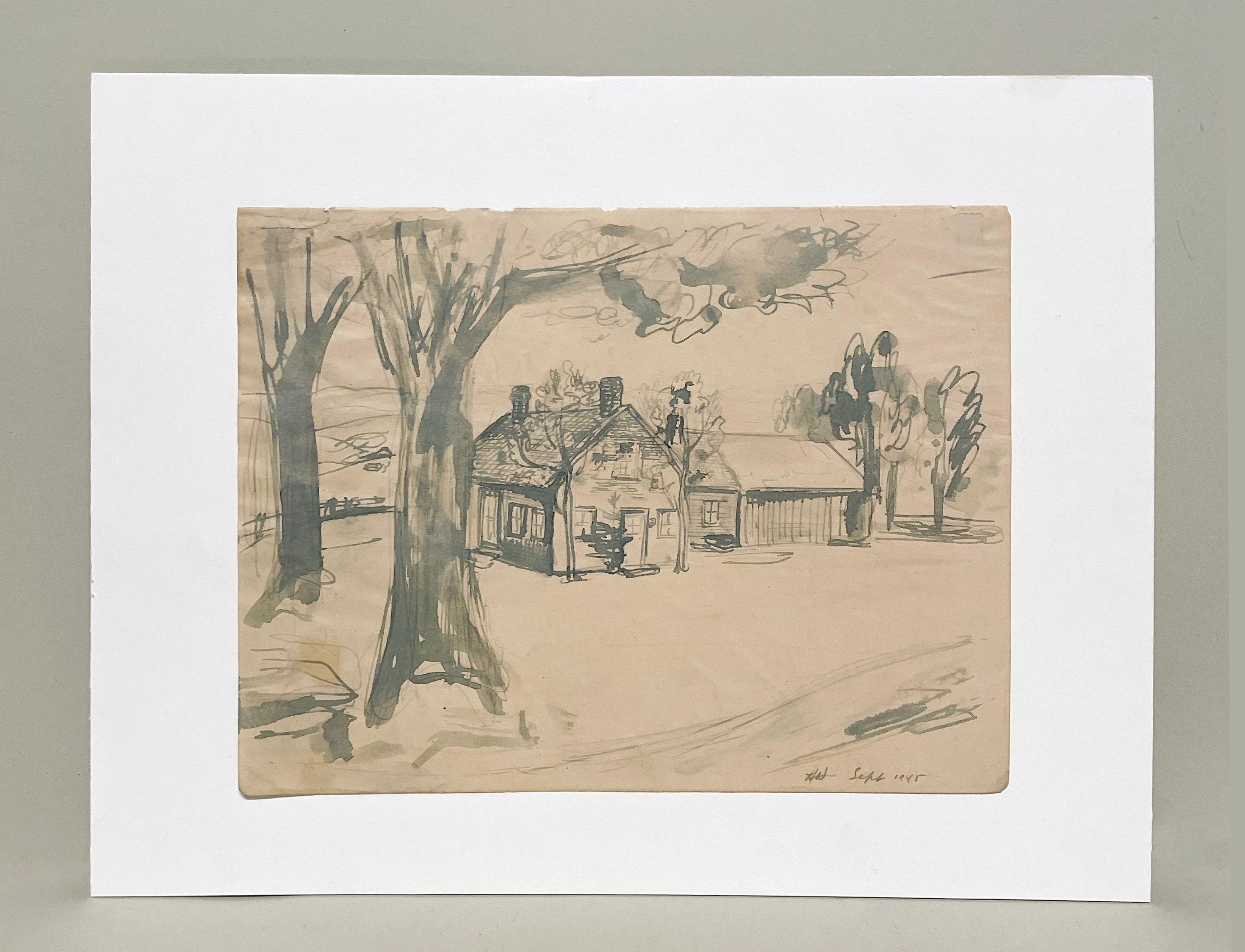 A Picturesque 1945 Landscape Watercolor of Calais, Vermont, The Artist's Studio - Brown Landscape Art by Harold Haydon
