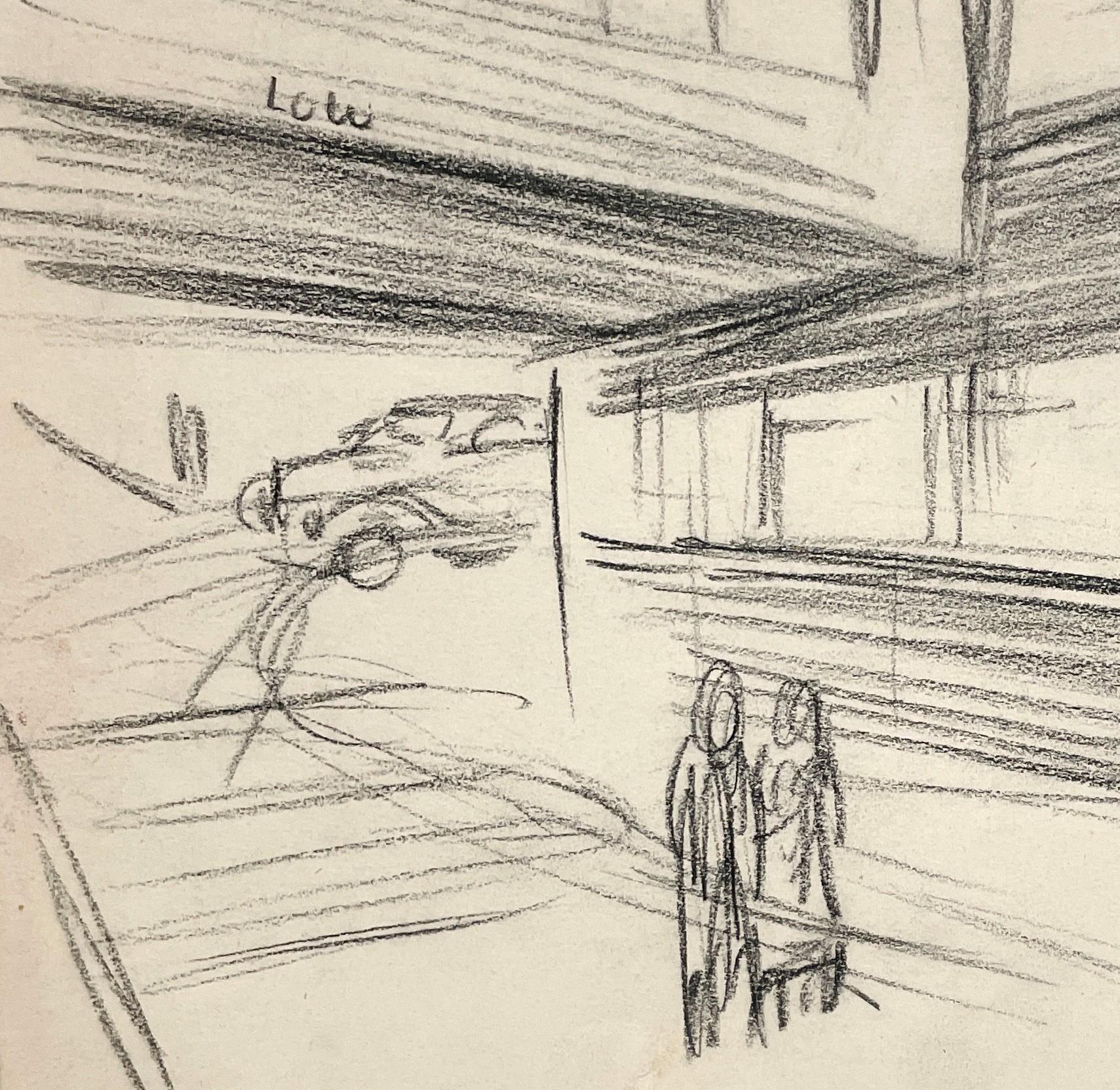 A 1940s Noire Inspired City Street Scene, Lower Wacker Drive, Chicago, Urban Realism by Noted Chicago Modern Artist, Harold Haydon (Am. 1909-1994)..  A boldly executed charcoal study of the famed Chicago roadway, dating from 1946, with two walking
