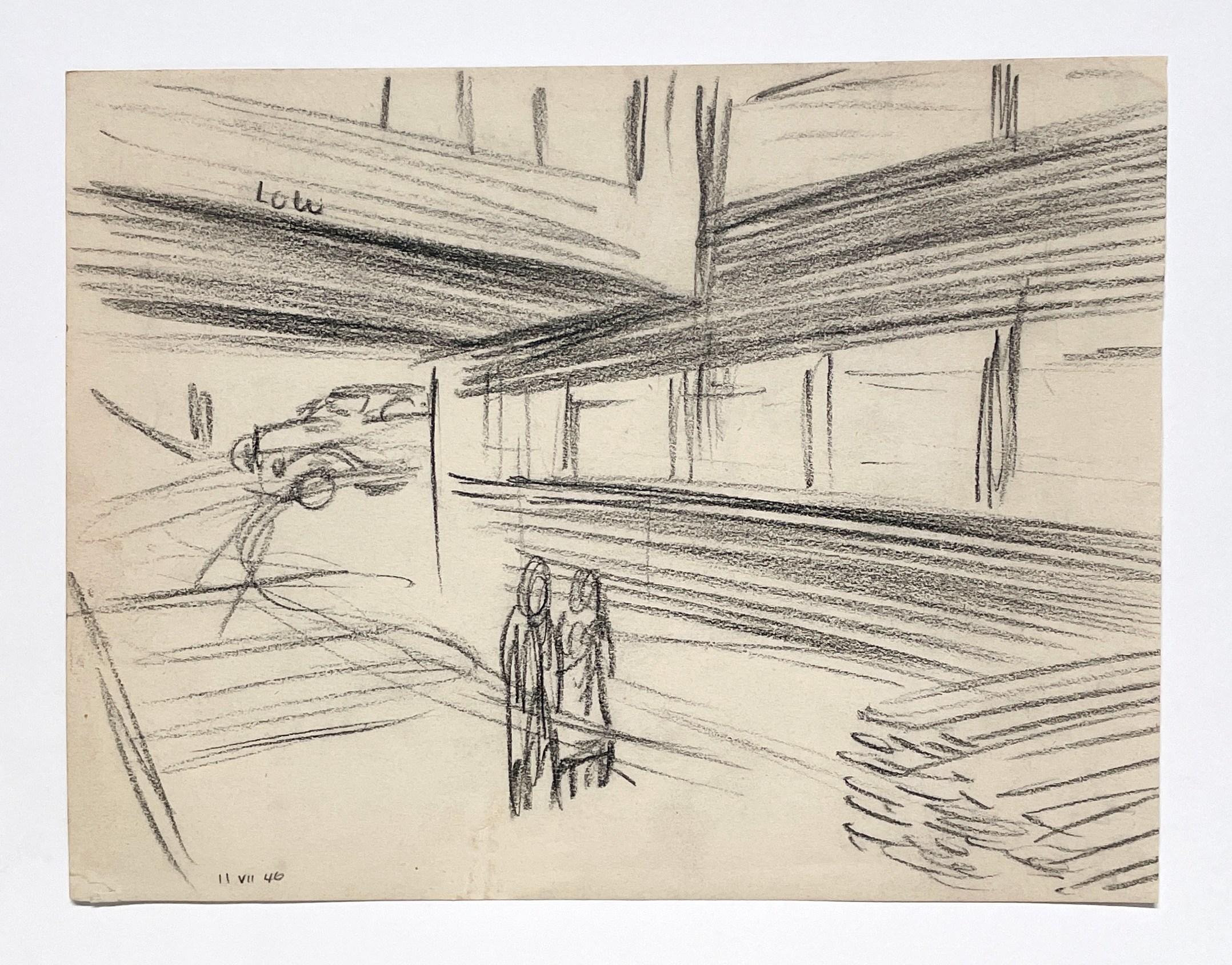 A 1940s Noire Inspired Street Scene, Lower Wacker Drive, Chicago, Urban Realism - American Modern Art by Harold Haydon