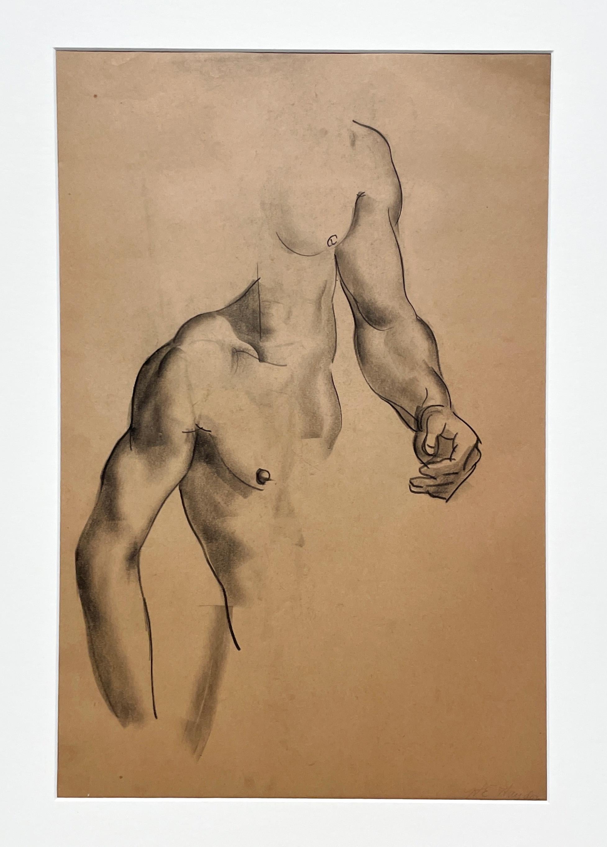A Very Finely Drawn 1930s Modern Figure Study of a Young Male Nude Model (Torso, Shoulder & Arm) by Notable Chicago Modern Artist, Harold Haydon (Am. 1909-1994).   An early charcoal drawing by Haydon showing his exceptional and skilled