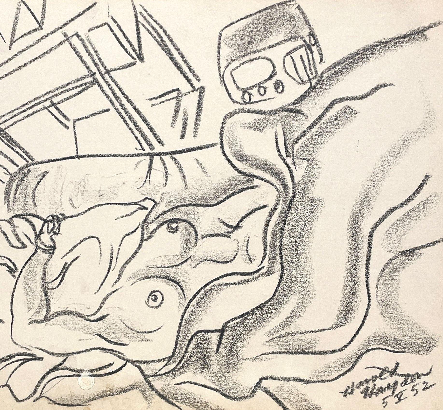 A Fabulous, 1950s Mid-Century Modern Interior Scene, Sleeping Nude by Notable Chicago Artist, Harold Haydon (Am. 1909-1994).  An intimate studio interior scene depicting the artist's wife, Virginia, sleeping on a sofa with a pillow over her head; 