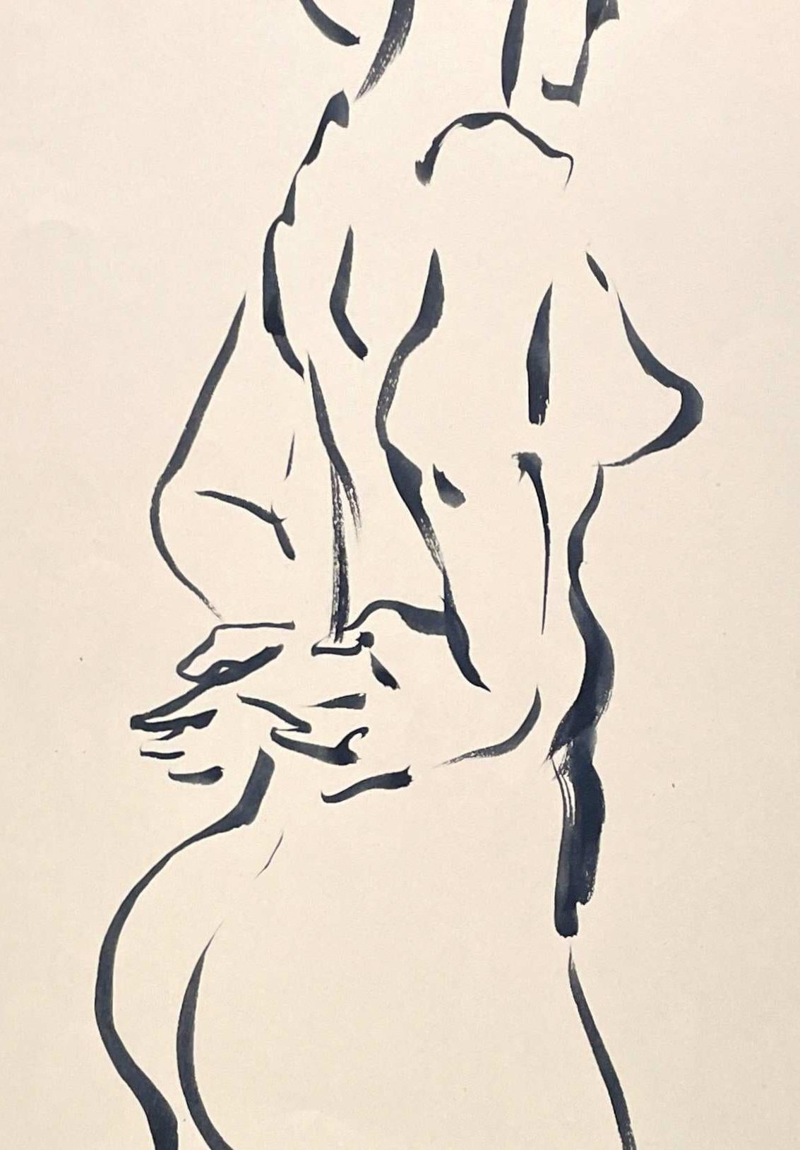 A Fabulous 1950s Mid-Century Modern Standing Female Nude Figure Study by Notable Chicago Artist, Harold Haydon (Am. 1909-1994).  Artwork Size:  18 x 12, unframed, mounted / floated to a custom Holly Hunt designed gray toned wallpaper board measuring