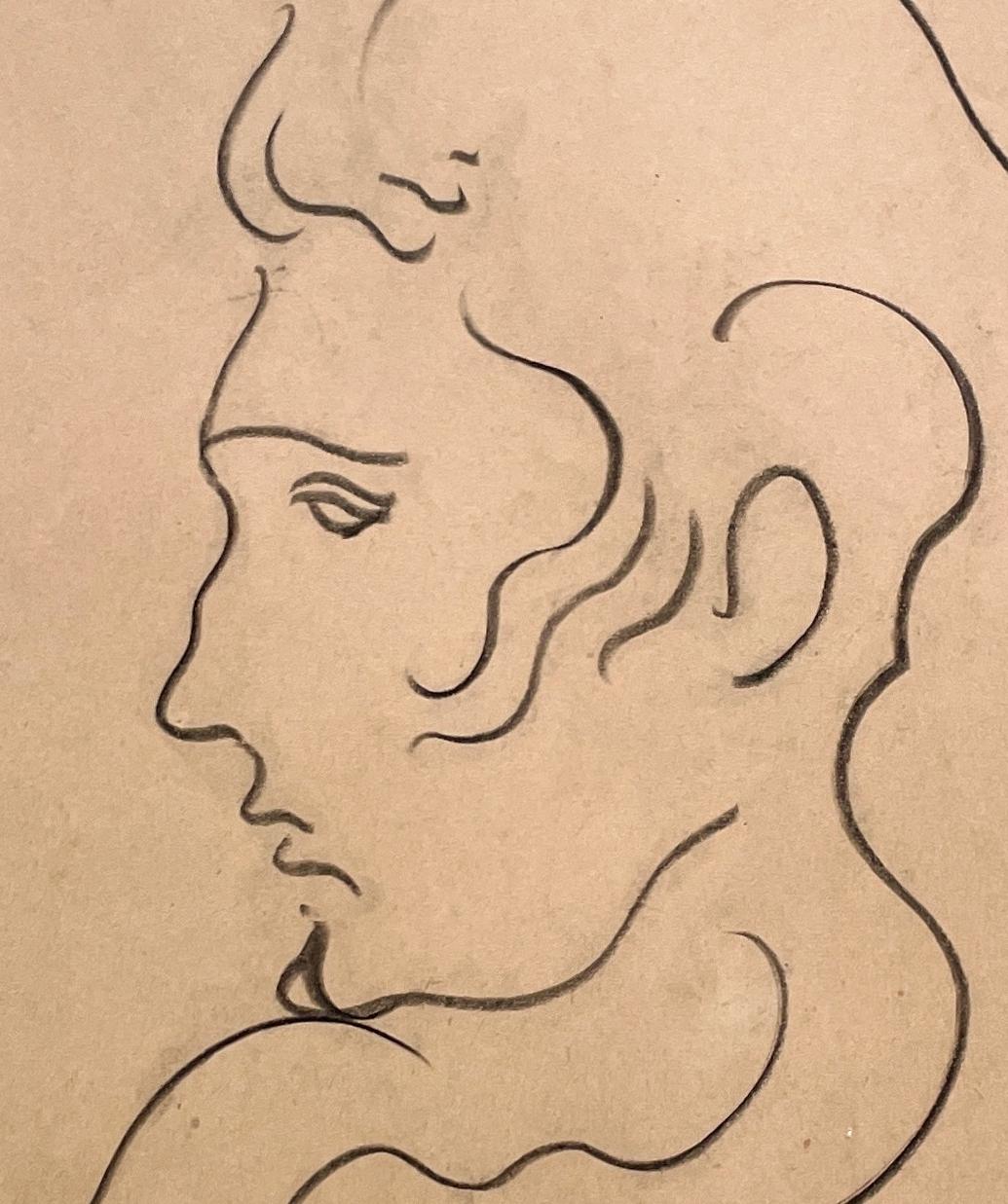 A Vintage Mid-Century Modern Portrait of a Young Man with Long Hair, Beatnik Era - Figurative Art Beige di Harold Haydon