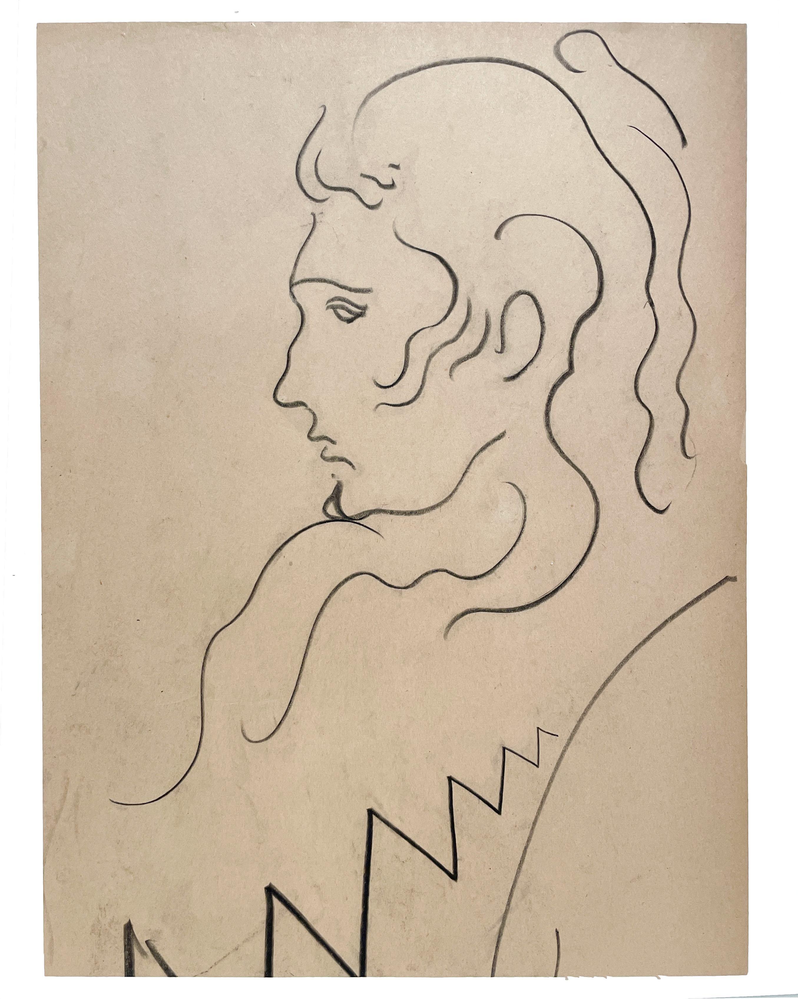 A Vintage, Mid-Century Modern, Beatnik-era portrait study of a young male model with long hair by notable Chicago artist, Harold Haydon.  The drawing is charcoal on paper dating circa. 1960s.  Artwork size:  13 x 9 3/4, unframed, with archival mat