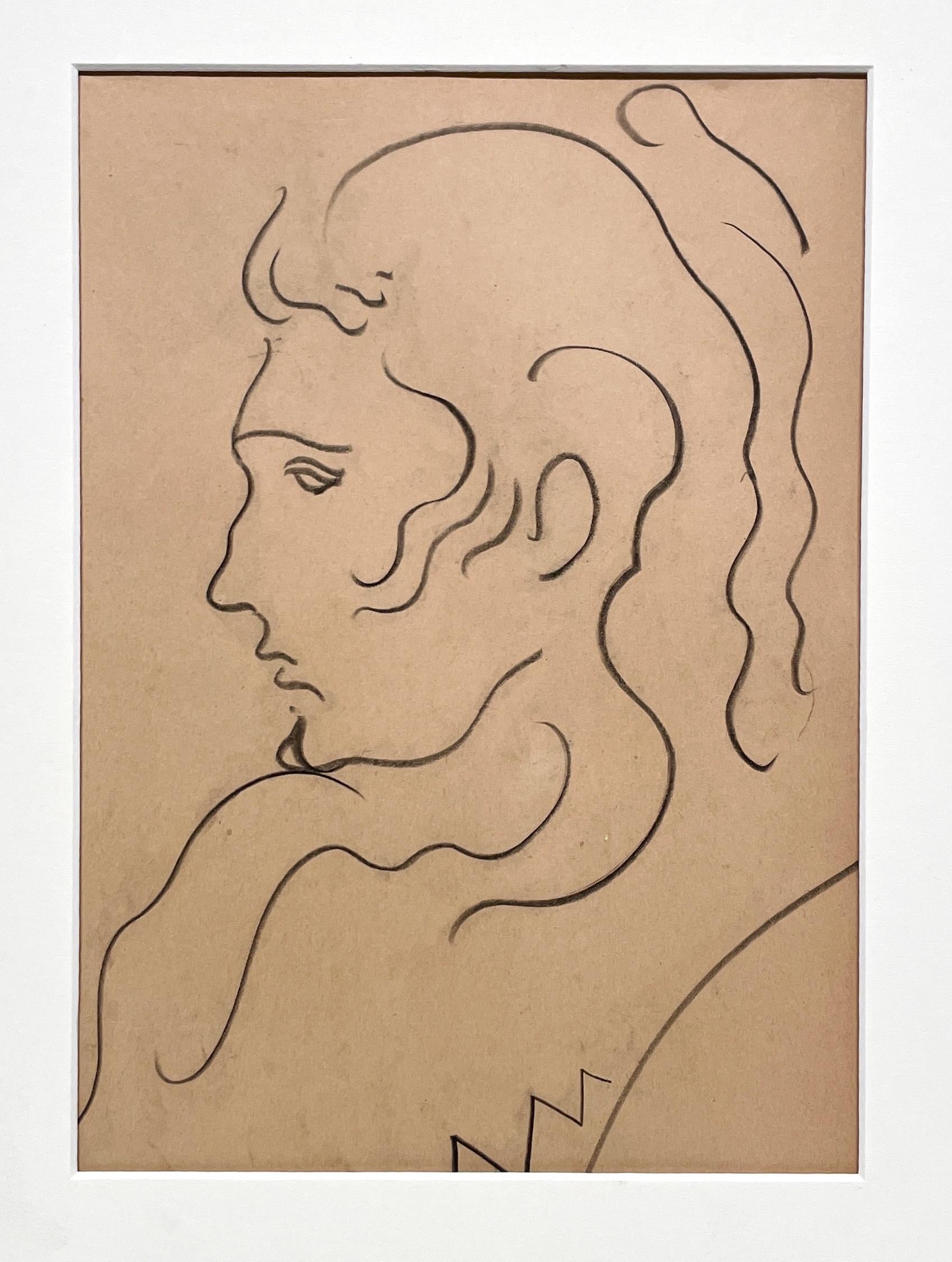 A Vintage Mid-Century Modern Portrait of a Young Man with Long Hair, Beatnik Era - Art American Modern di Harold Haydon
