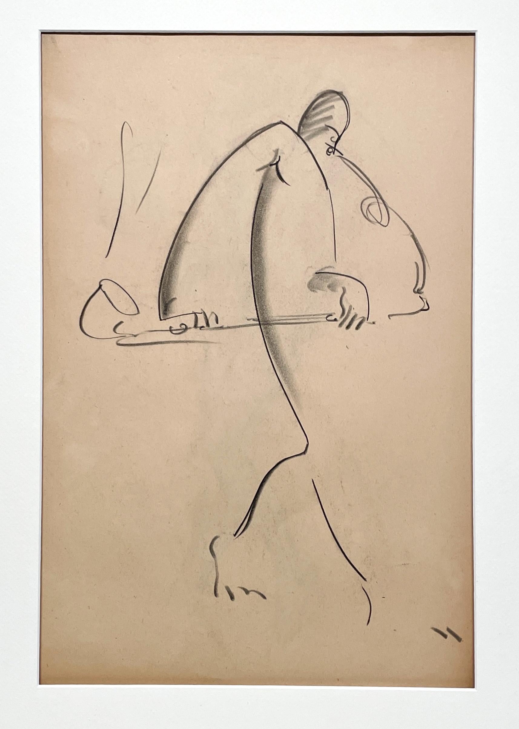 A Charming, Vintage 1930s Charcoal Drawing of a Saxophone Player, Jazz Musician - Art American Modern di Harold Haydon