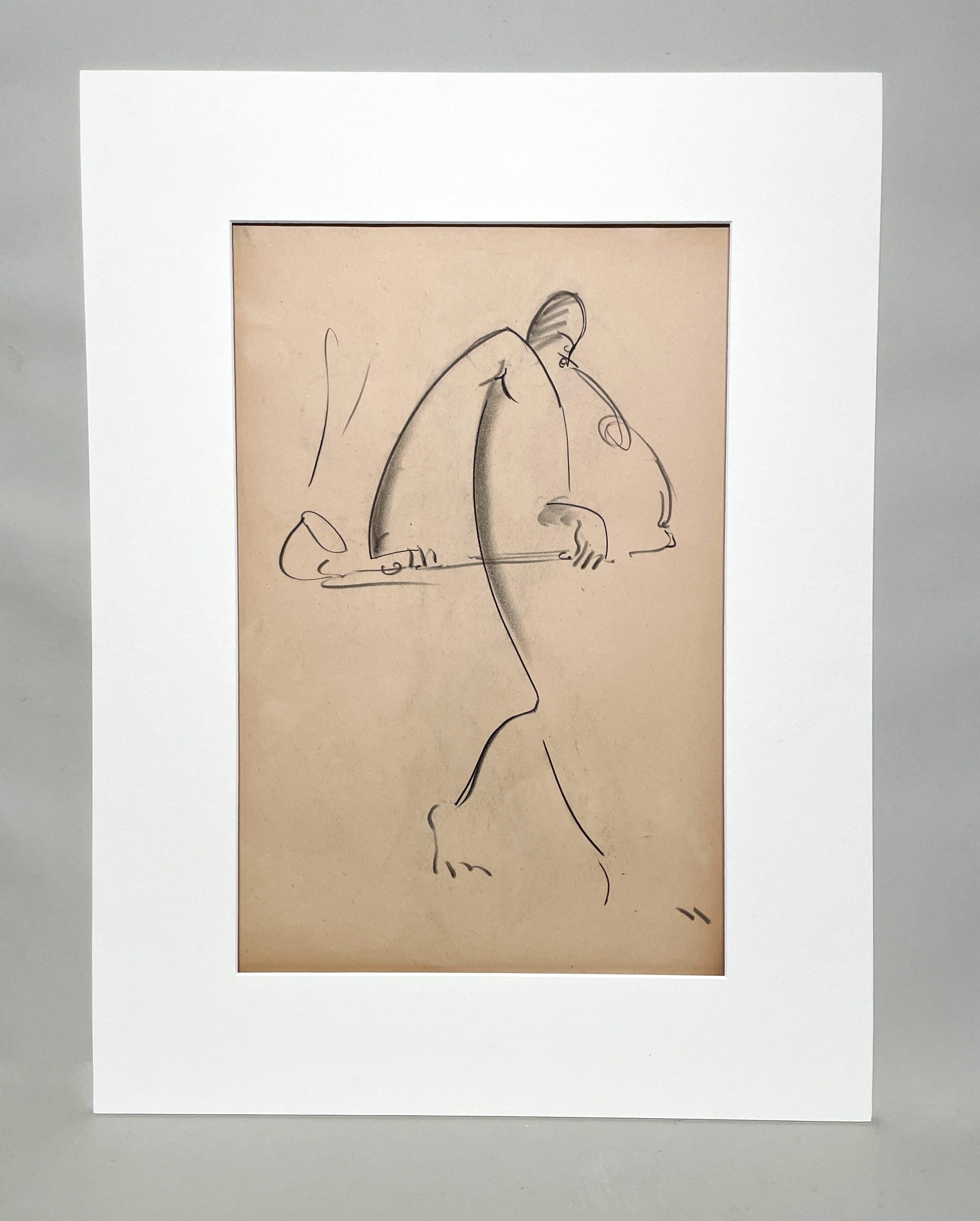 A Charming, Vintage 1930s Charcoal Drawing of a Saxophone Player, Jazz Musician - Art di Harold Haydon