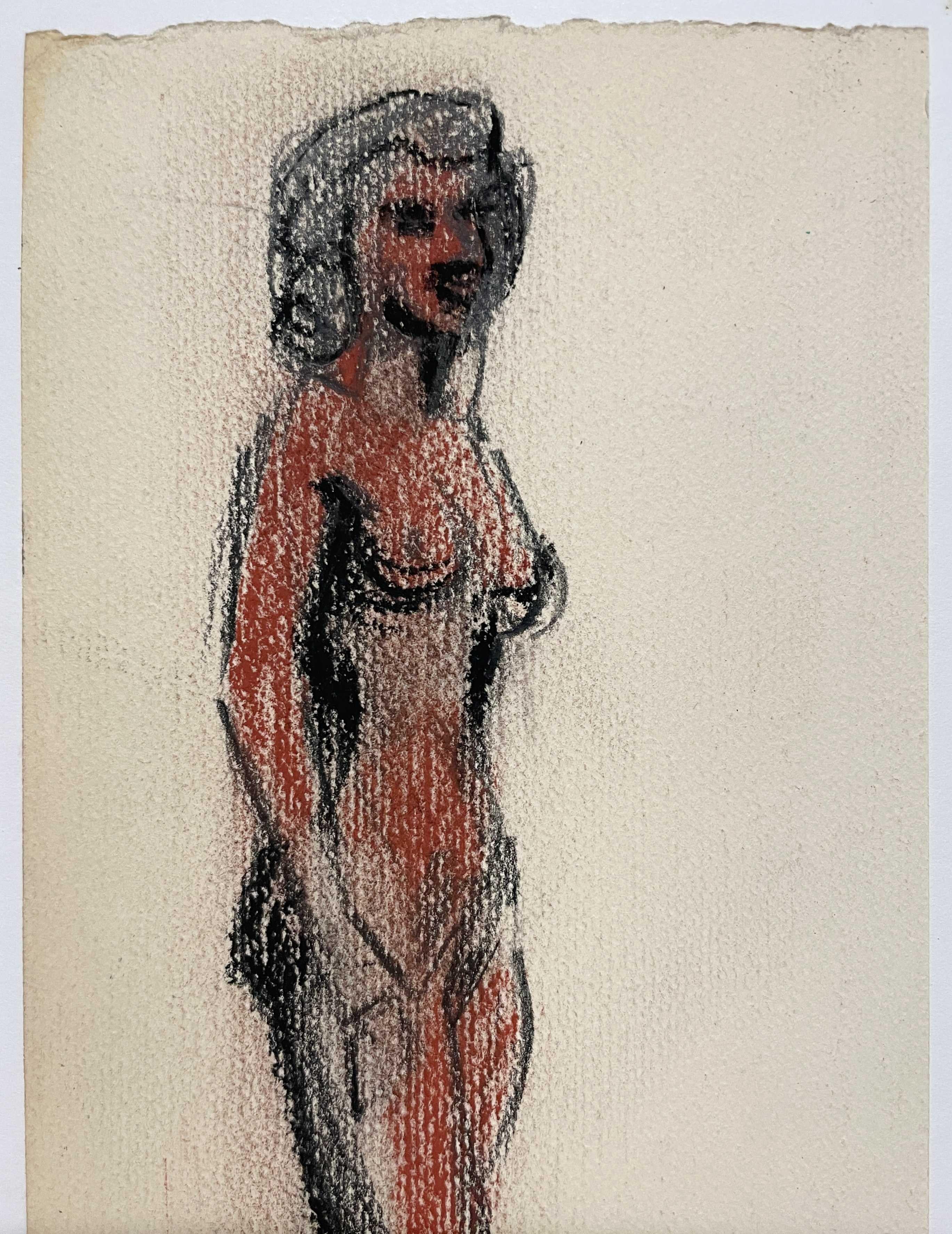 Llamativo estudio de 1945 de una mujer negra desnuda de pie, moderna de mediados de siglo - Figurative Art Beige de Harold Haydon