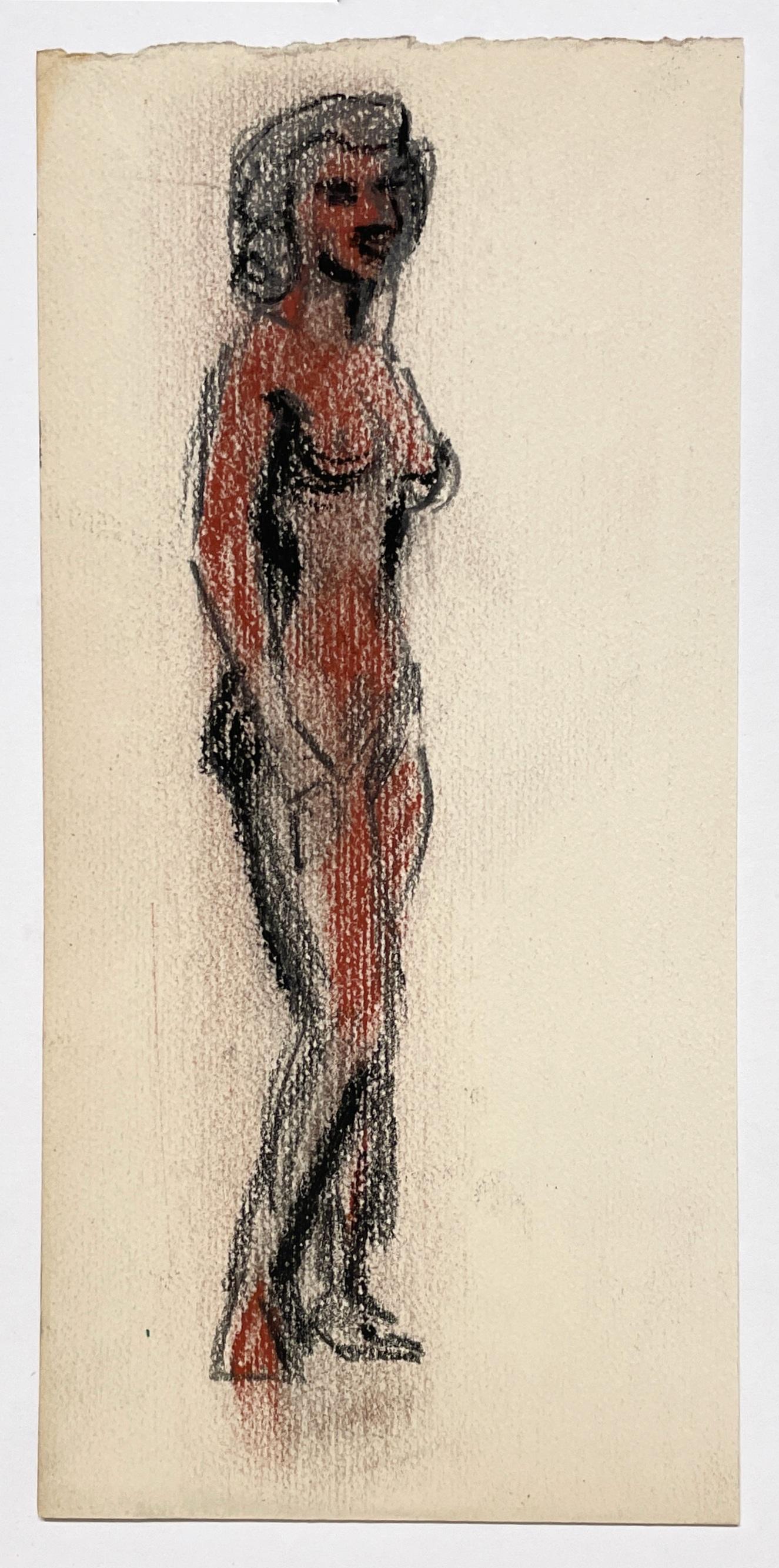 Sorprendente figura moderna de mediados de siglo de 1945 de una modelo afroamericana desnuda de pie, obra del famoso artista de Chicago Harold Haydon (Am. 1909-1994).  Un estudio de figura fstudio bellamente dibujado, probablemente completado