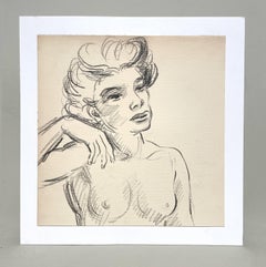 Studio di figura femminile moderna degli anni '40 finemente disegnato, ritratto di una giovane donna