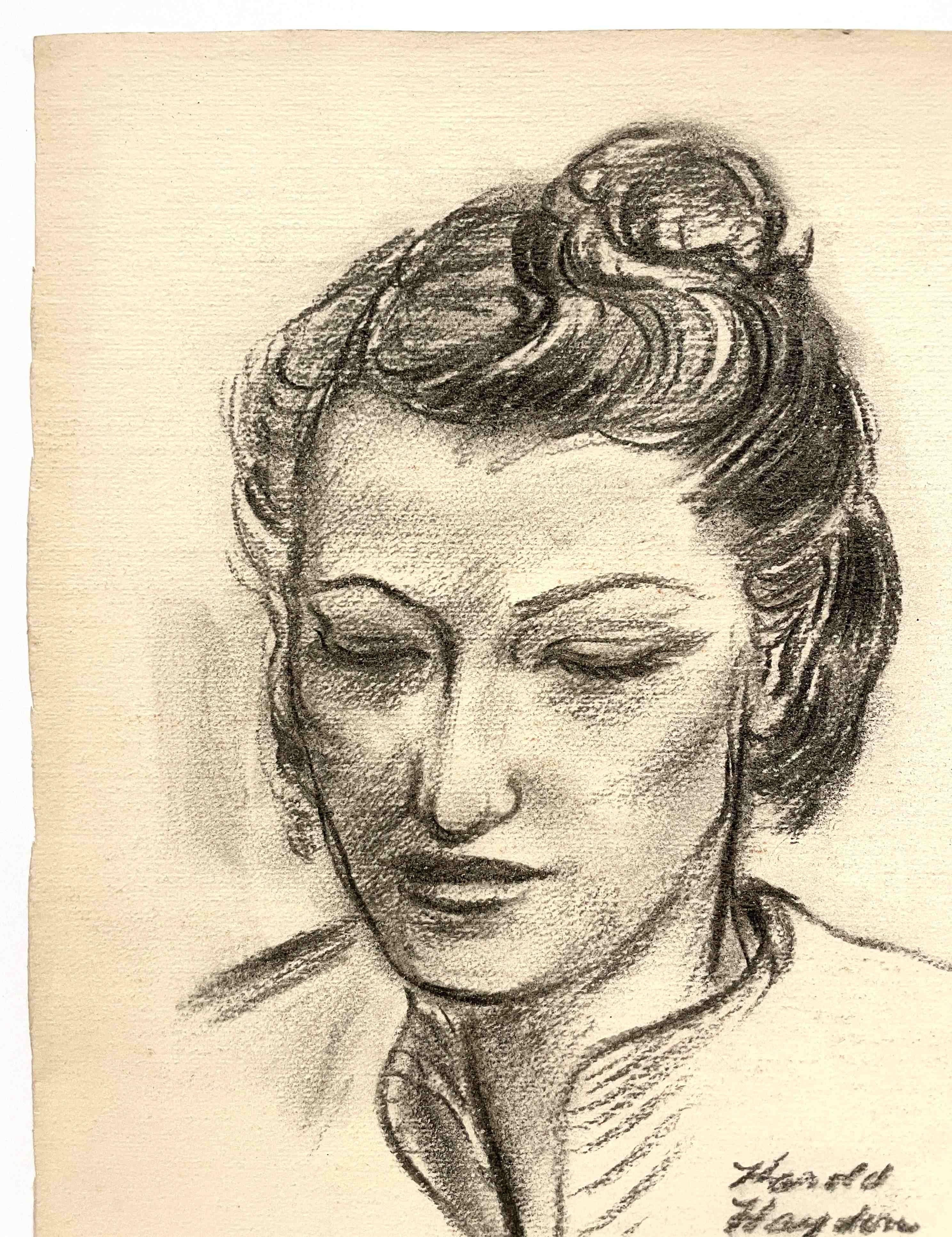 A Stunning, 1940s Modern Charcoal Portrait Drawing of a Young Woman in vendita 2