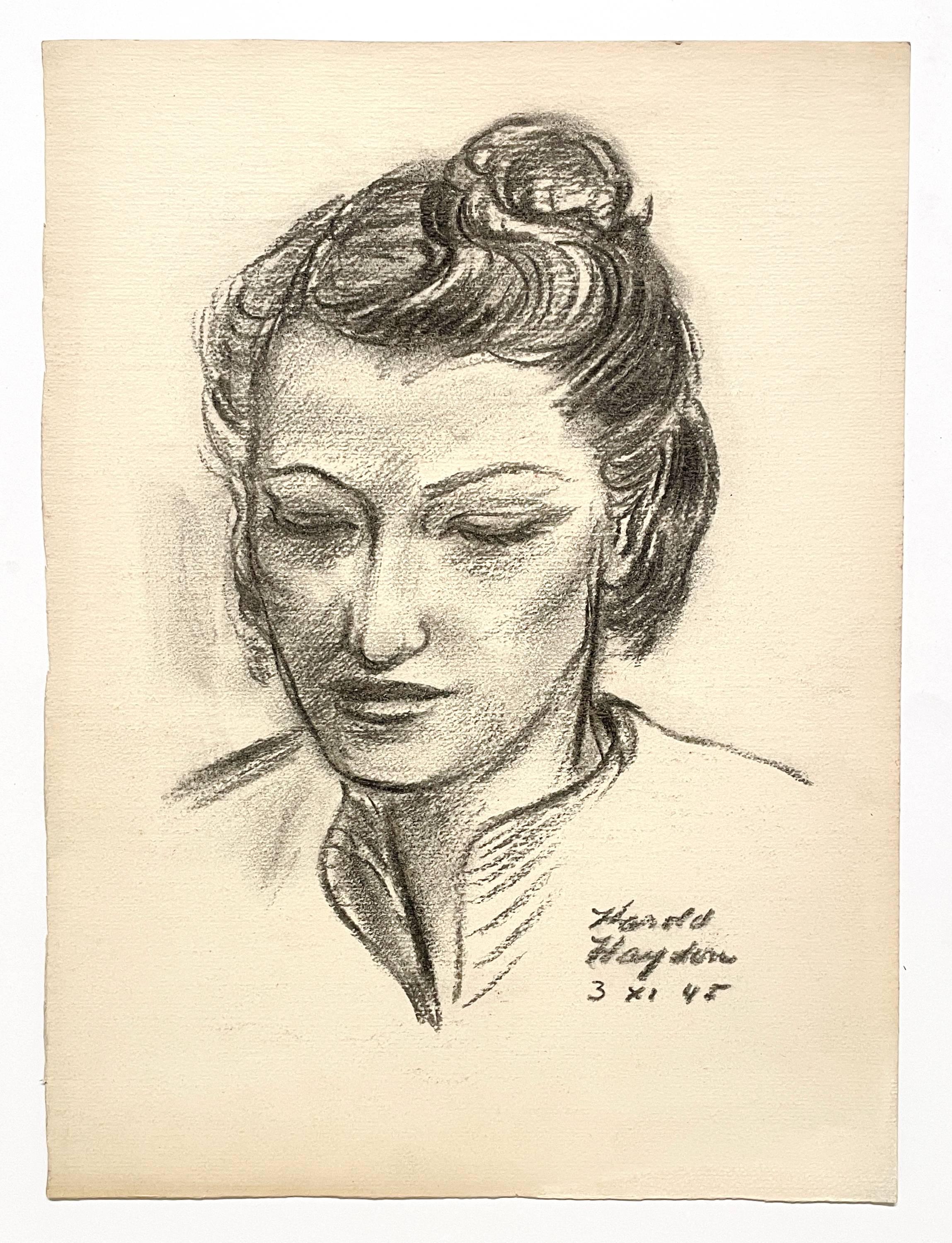 A Stunning, 1940s Finely Rendered Modern Charcoal Portrait Drawing of a Young Woman by Notable Chicago Artist, Harold Haydon (Am. 1909-1994).  

Artwork size:  15 x 11 inches, unframed, mounted / floated to an archival mat board measuring 18 x 14