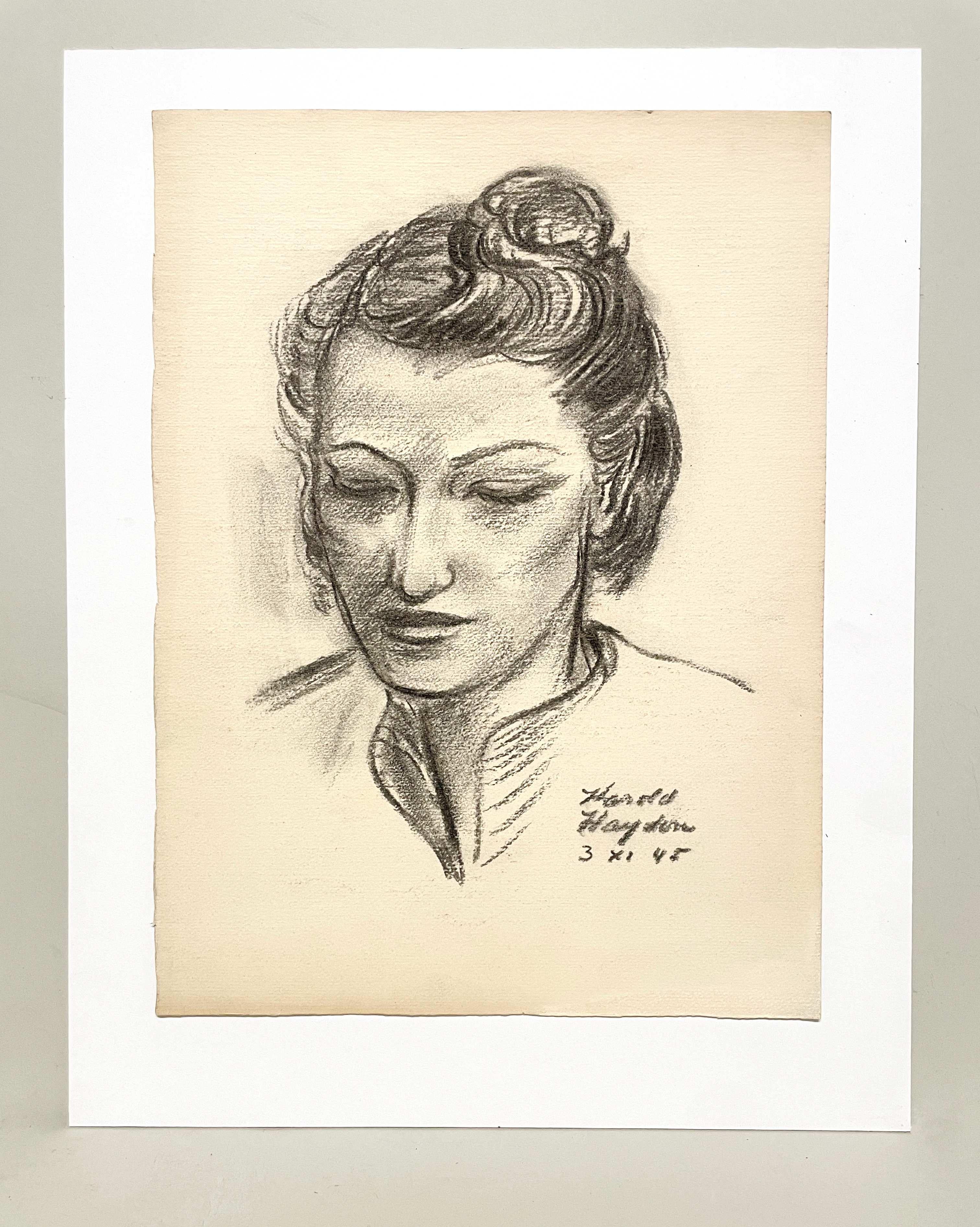 A Stunning, 1940s Modern Charcoal Portrait Drawing of a Young Woman - Art American Modern di Harold Haydon
