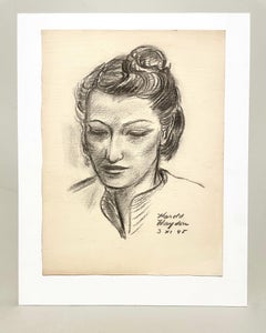 A Stunning, 1940s Modern Charcoal Portrait Drawing of a Young Woman