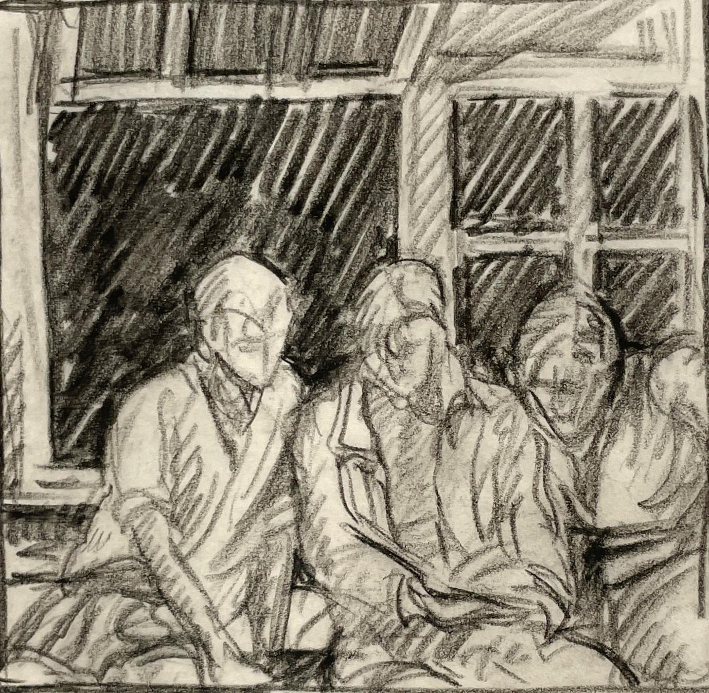 Interior Art di Harold Haydon - Un affascinante studio a carboncino degli anni '30 di tre giovani che leggono alla finestra di una casa sul lago