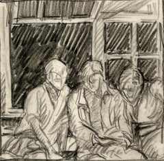 Un affascinante studio a carboncino degli anni '30 di tre giovani che leggono alla finestra di una casa sul lago