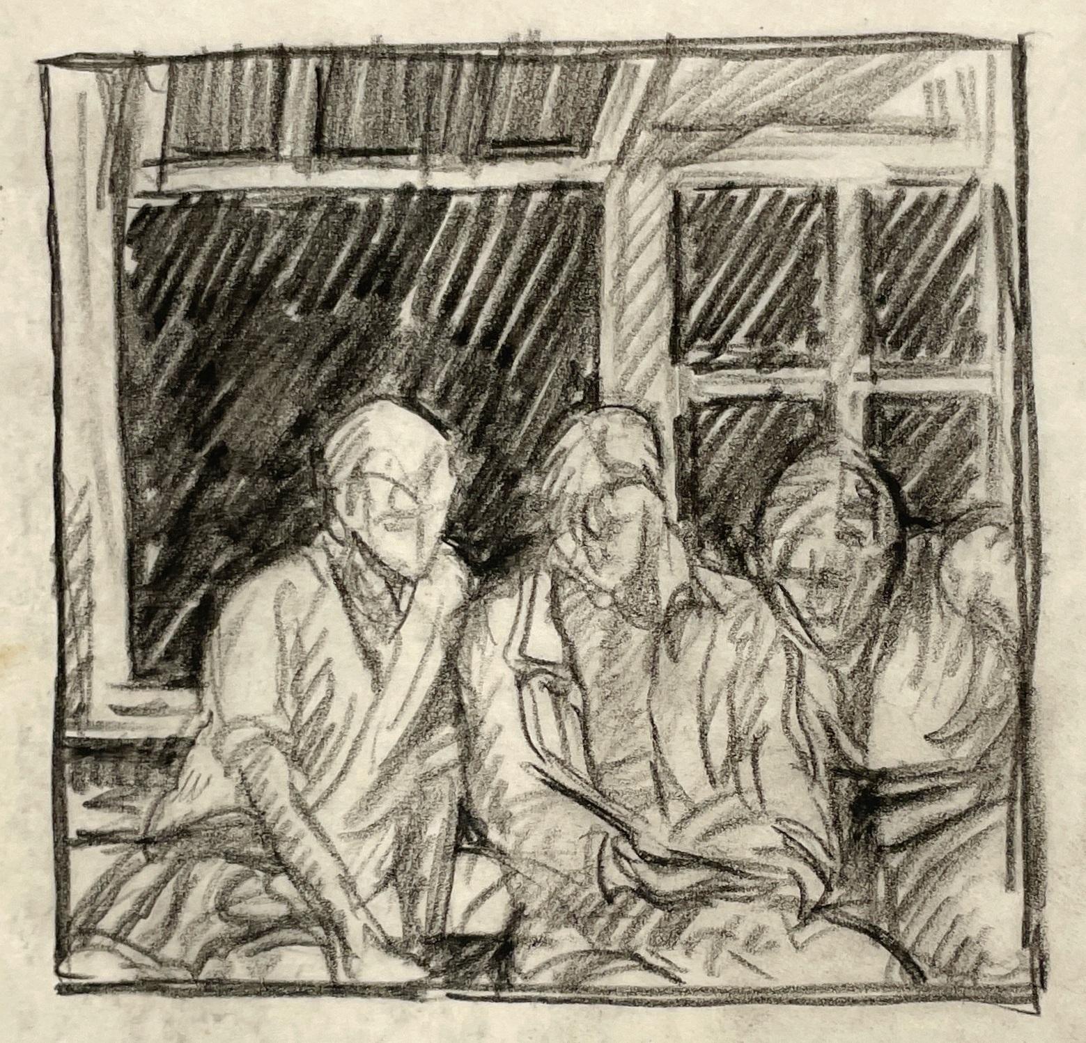 Un affascinante studio a carboncino degli anni '30 di tre giovani che leggono alla finestra di una casa sul lago - Art di Harold Haydon