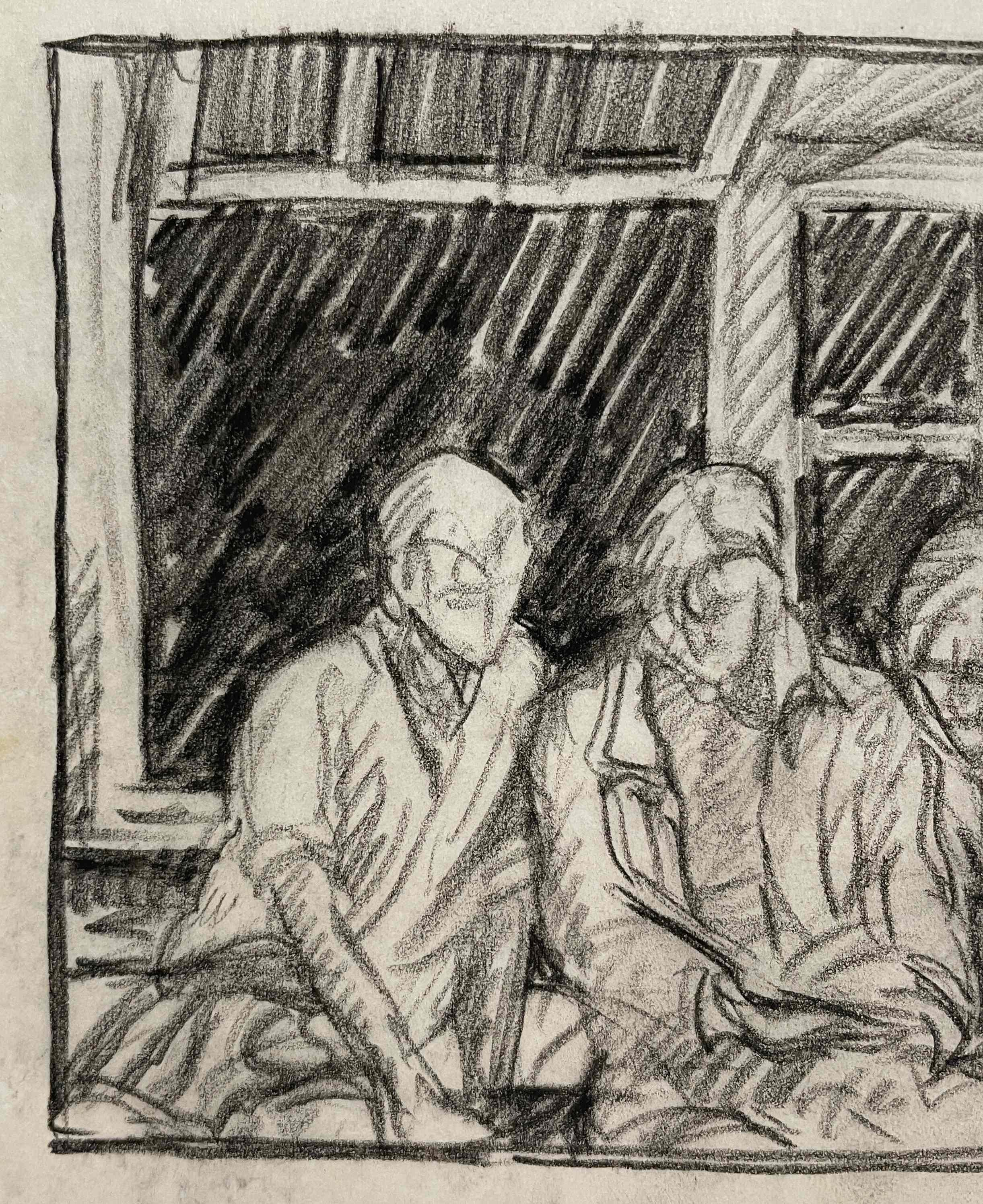 Un affascinante studio a carboncino degli anni '30 di tre giovani che leggono alla finestra di una casa sul lago - Interior Art Marrone di Harold Haydon