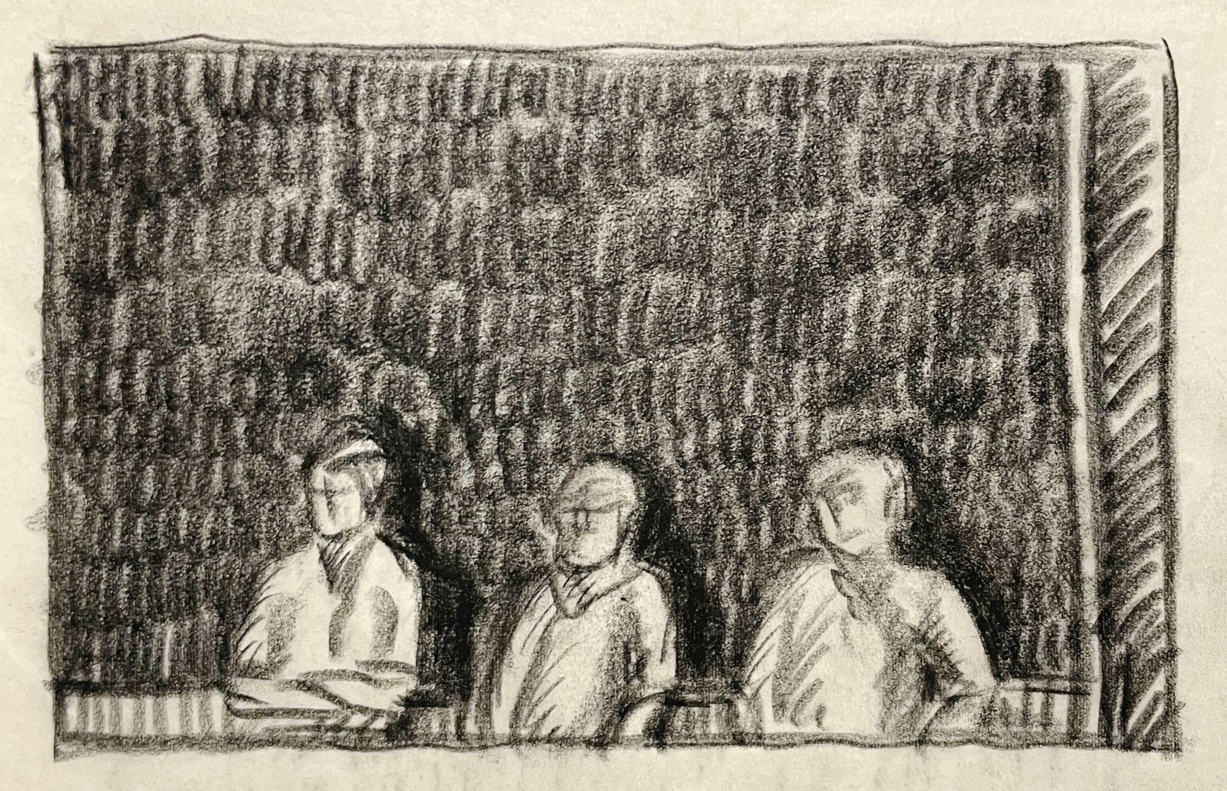 Un affascinante studio a carboncino degli anni '30 di tre giovani uomini alla finestra di una casa sul lago - Art American Modern di Harold Haydon