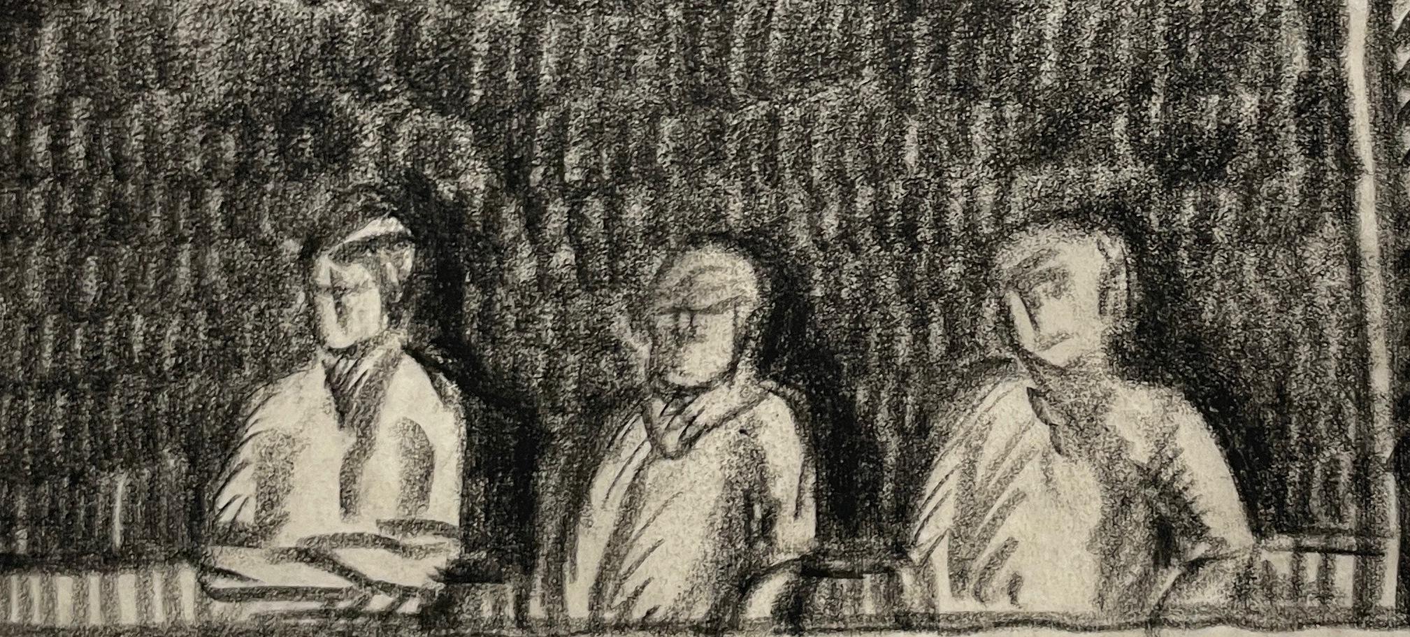Un affascinante studio a carboncino degli anni '30 di tre giovani uomini alla finestra di una casa sul lago - Interior Art Grigio di Harold Haydon