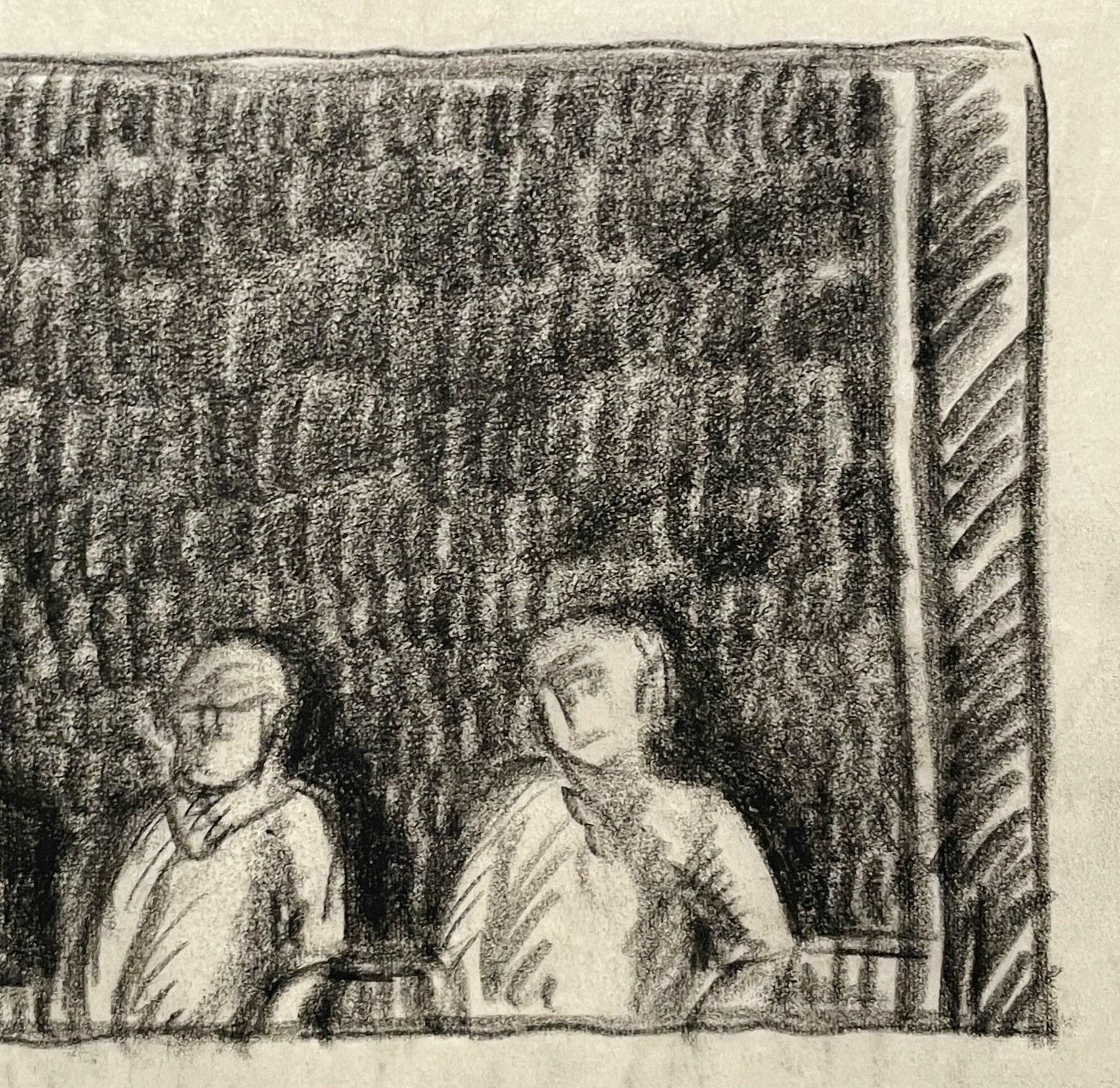 Un affascinante studio a carboncino degli anni '30 di tre giovani uomini alla finestra di una casa sul lago in vendita 2