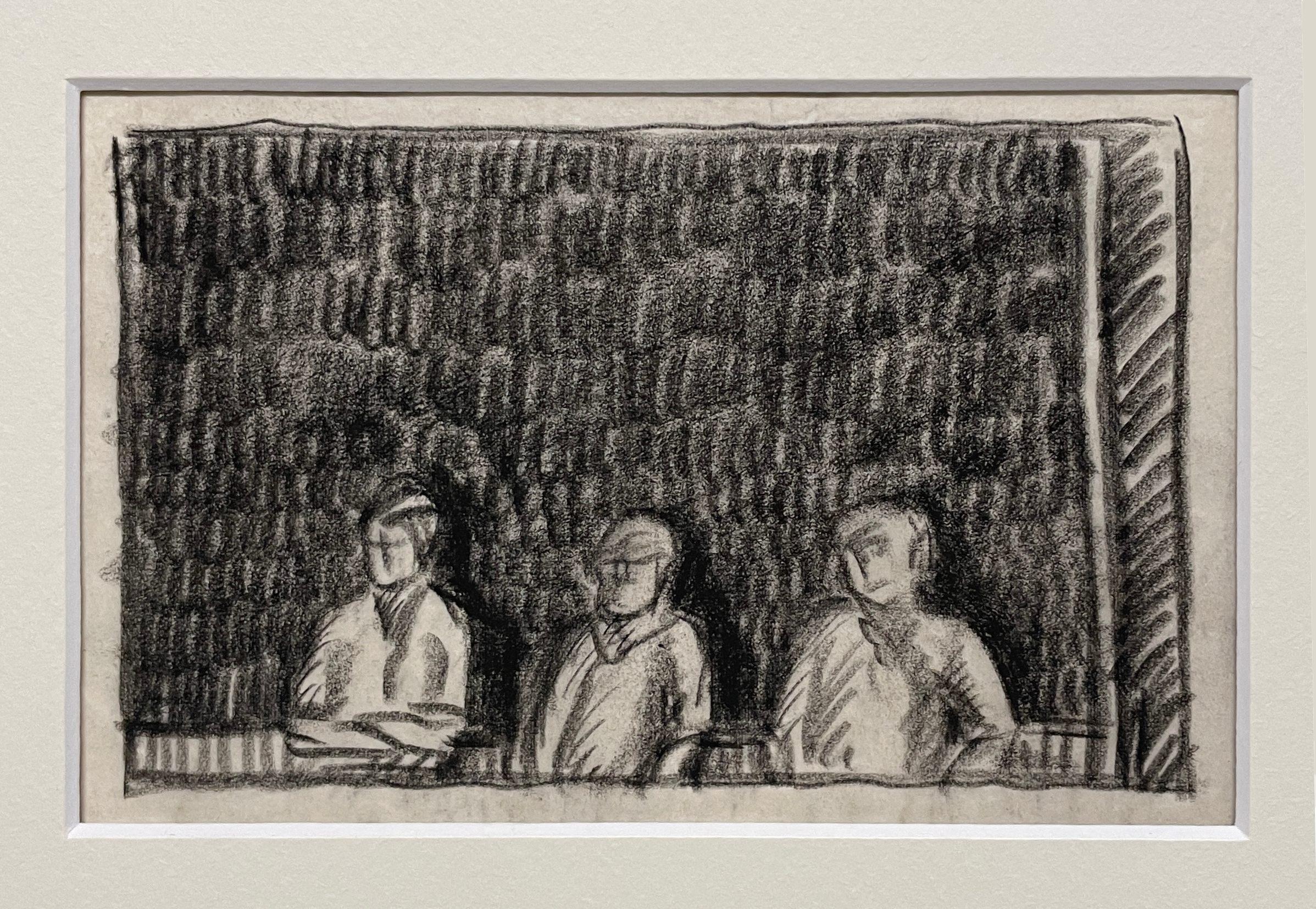 Un affascinante studio a carboncino degli anni '30 di tre giovani uomini alla finestra di una casa sul lago - Art di Harold Haydon
