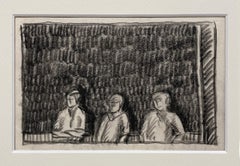 Charmante Kohlestudie aus den 1930er Jahren mit drei jungen Männern im Fenster eines Seehauses