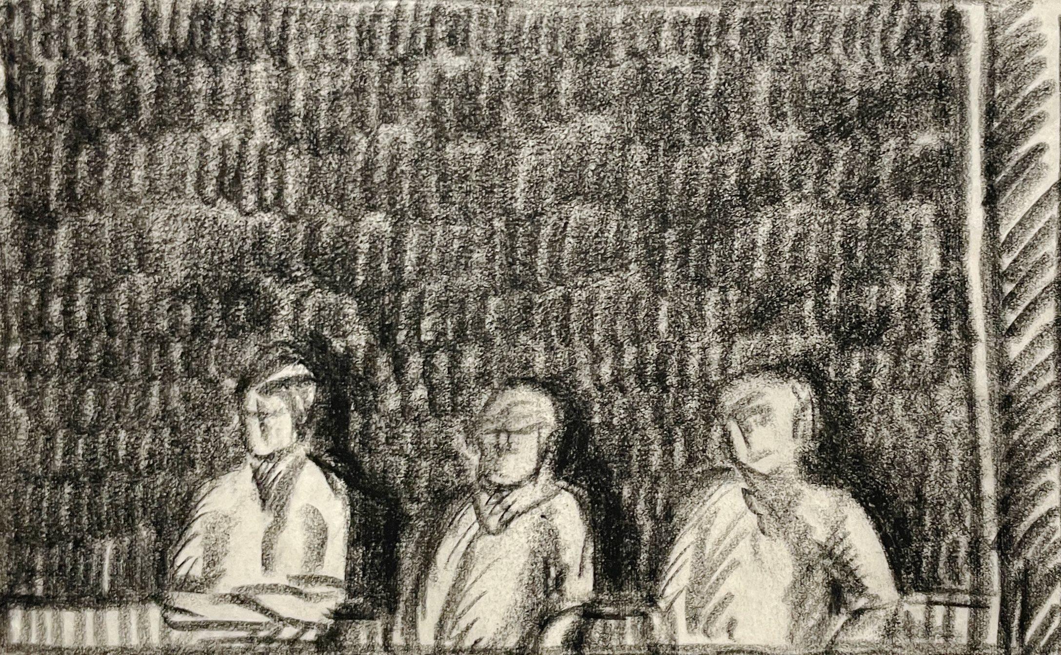 Un affascinante studio a carboncino degli anni '30 di tre giovani uomini alla finestra di una casa sul lago del noto artista moderno di Chicago, Harold Haydon (Am. 1909-1994).  Molto probabilmente è stato completato durante i mesi estivi trascorsi