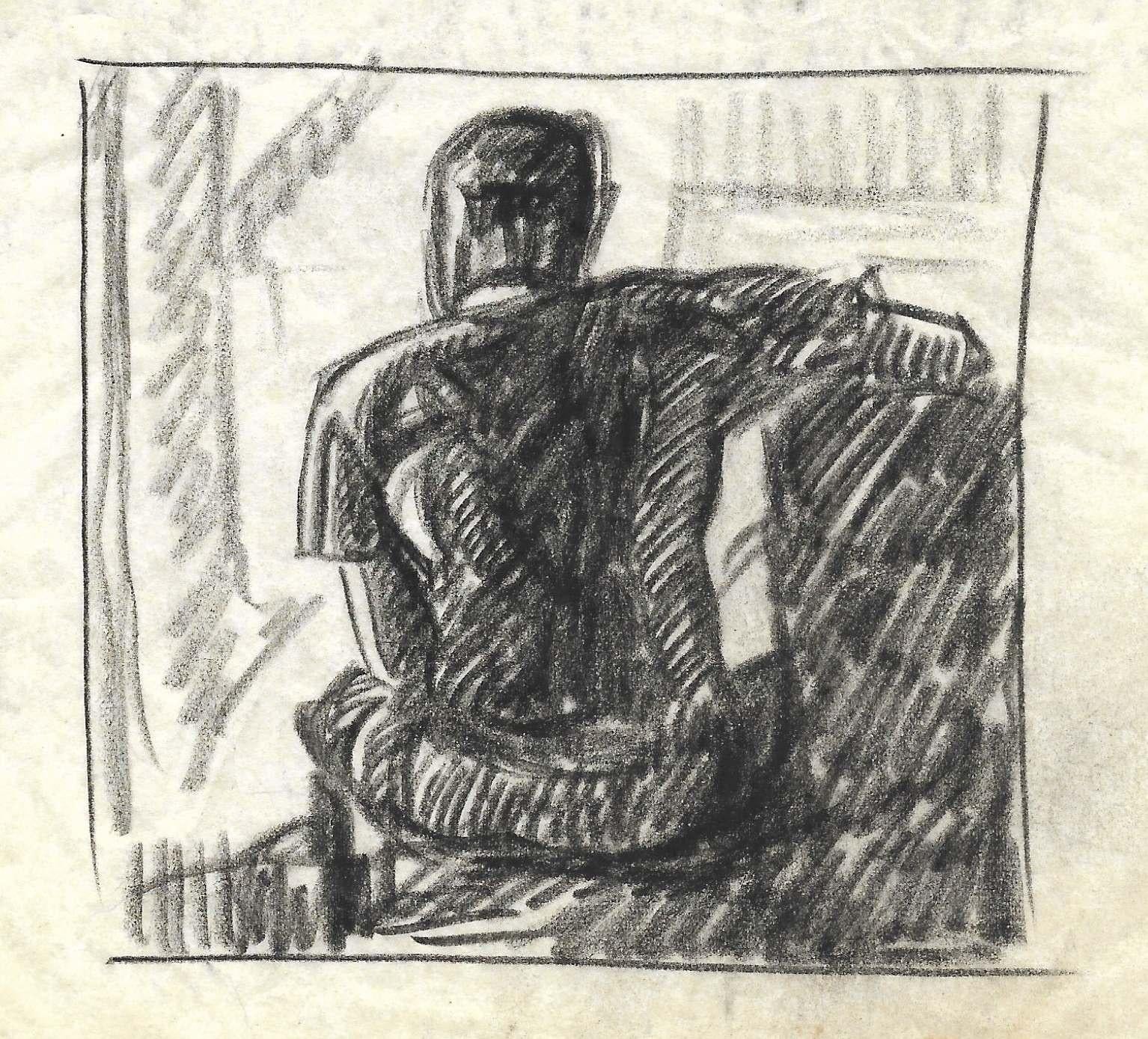 Un intimo studio a carboncino moderno degli anni '30 di un giovane uomo seduto in una casa sul lago - Portrait Grigio di Harold Haydon