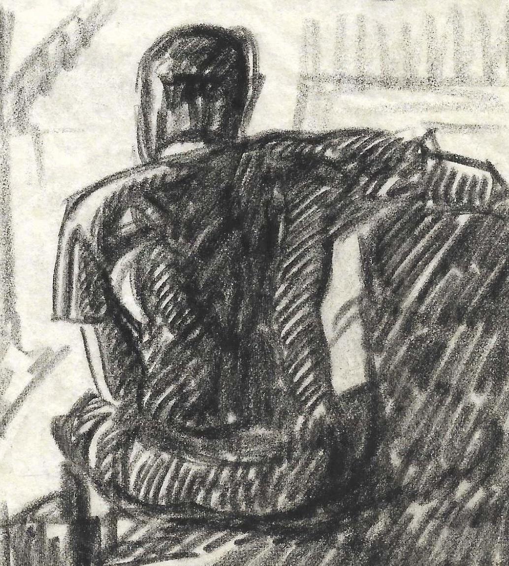 Un intimo studio a carboncino moderno degli anni '30 di un giovane uomo seduto in una casa sul lago in vendita 1