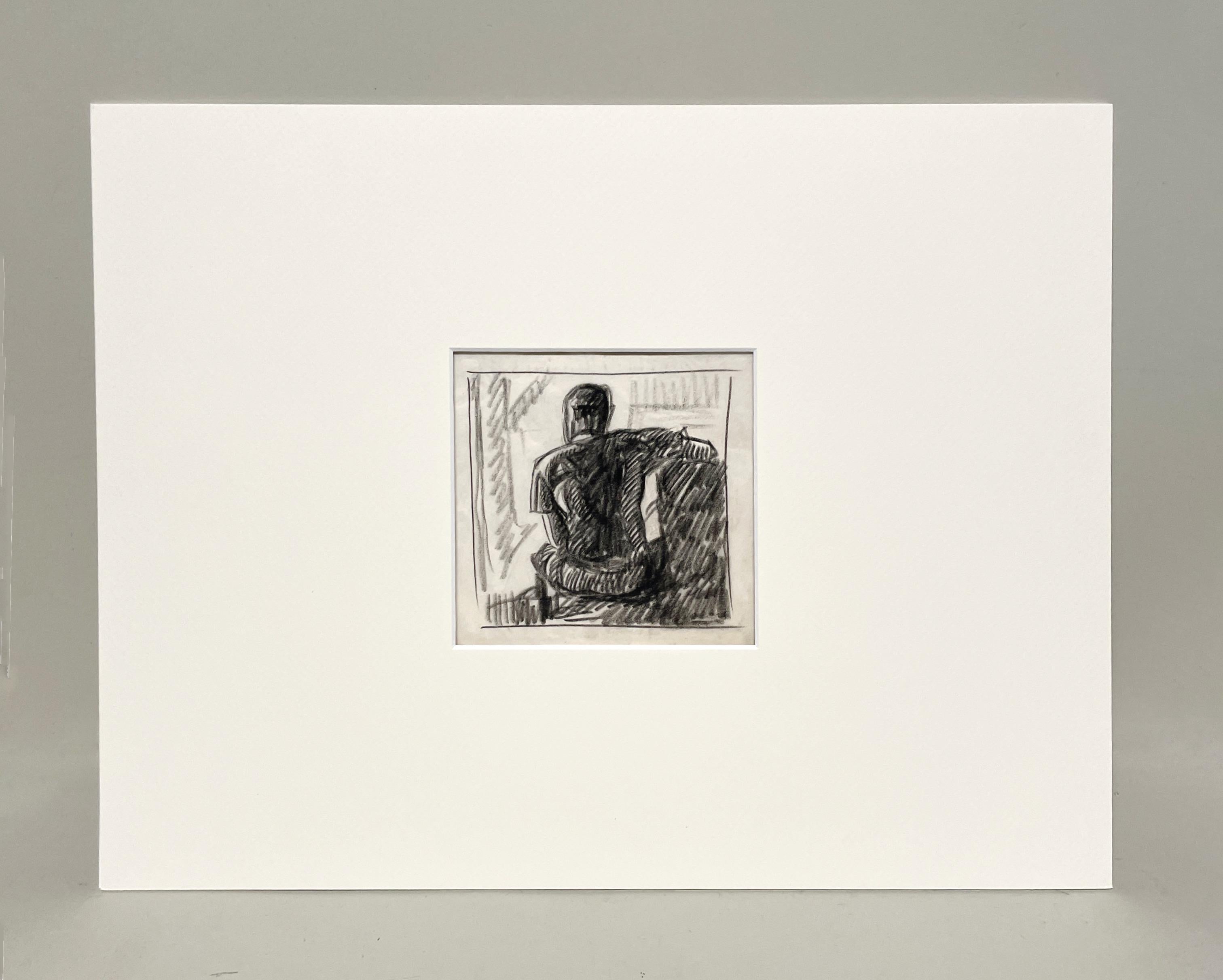 Un intimo studio a carboncino moderno degli anni '30 di un giovane uomo seduto in una casa sul lago - Art di Harold Haydon