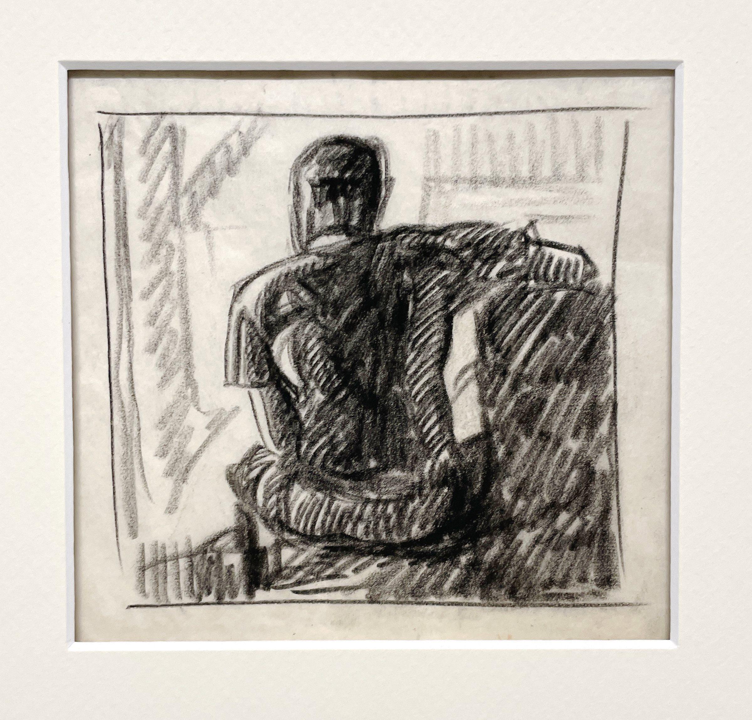 Un intimo studio a carboncino moderno degli anni '30 di un giovane uomo seduto in una casa sul lago - Art American Modern di Harold Haydon