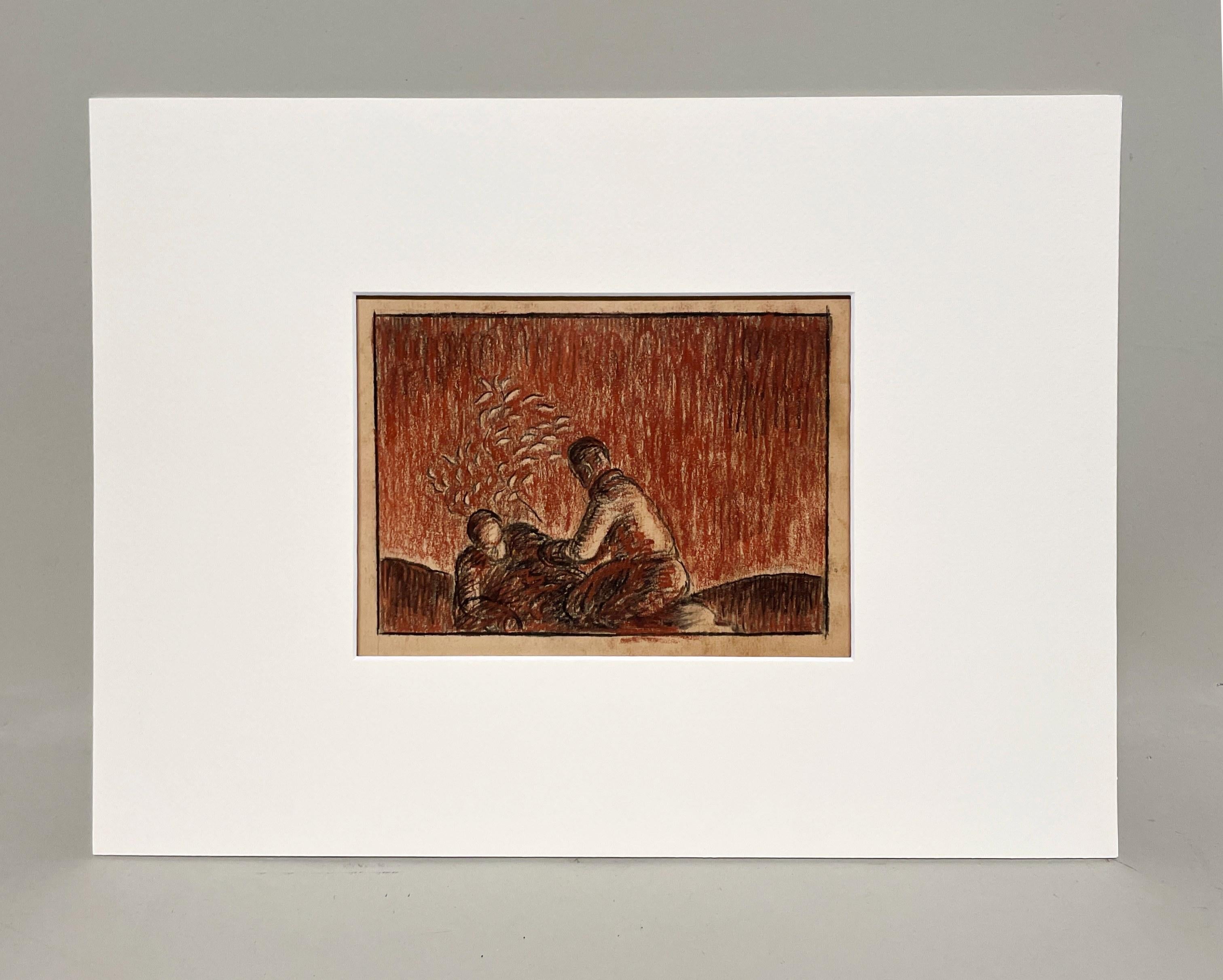 A Stylized, Modern 1930s Art Deco Drawing of Two Young Men Planting a Tree - Brown Figurative Art by Harold Haydon