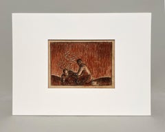 Disegno stilizzato e moderno Art Deco degli anni '30 di due giovani che piantano un albero