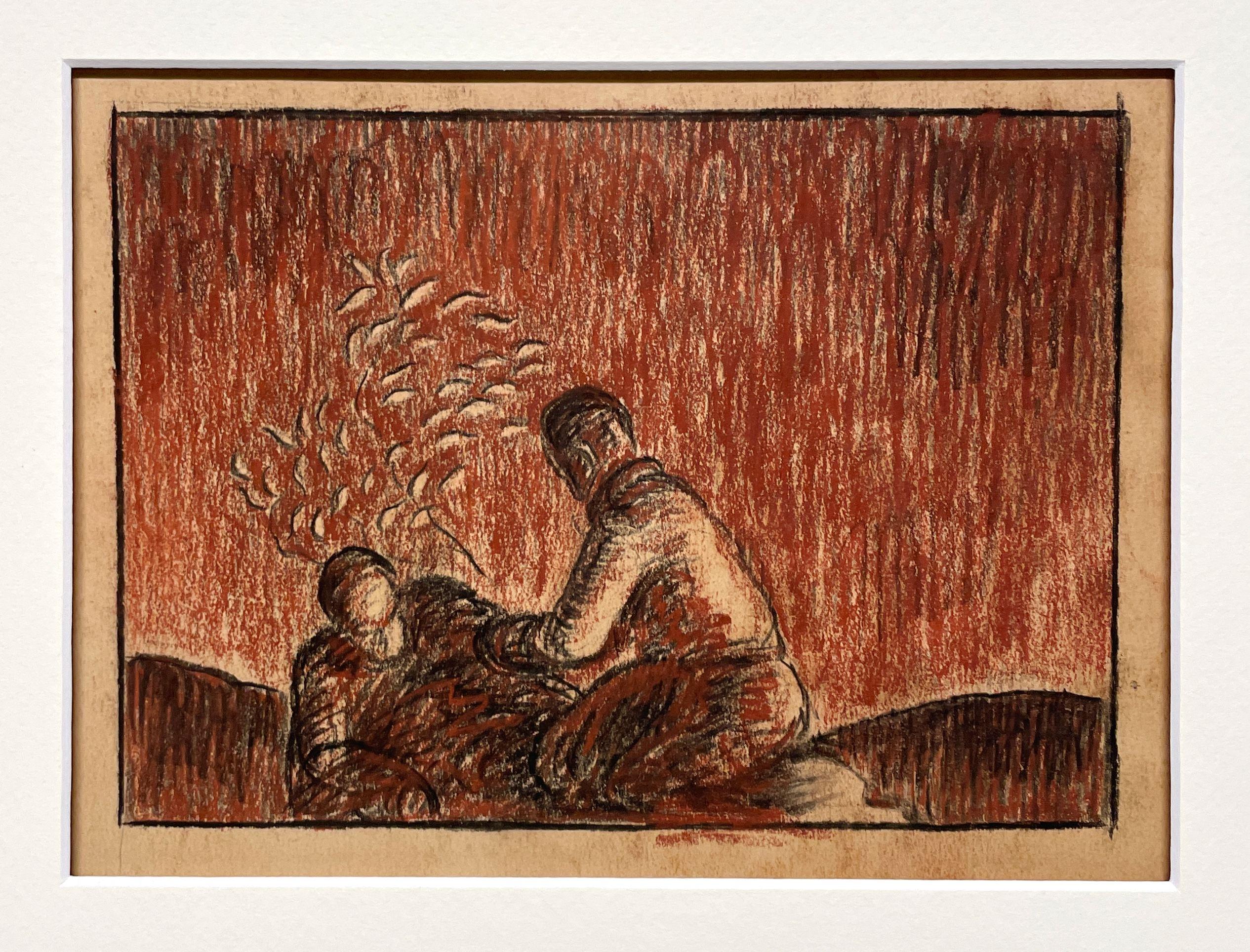 A Stylized, 1930s Art Deco Pastel Landscape Drawing of Two Young Men Planting a Tree by Notable Chicago Modern Artist, Harold Haydon (Am. 1909-1994).  Artwork size:  9 x 12 inches, unframed, archivally matted to 12 x 16 inches (ready to frame). 
