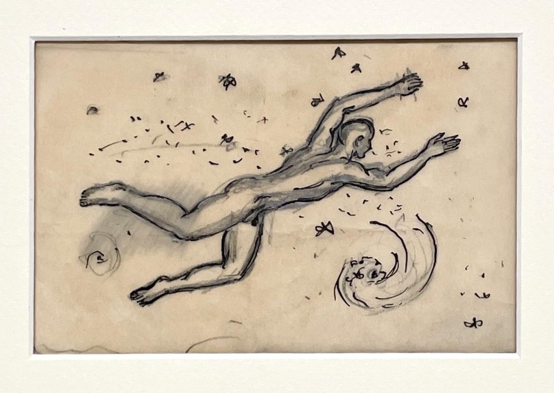 Eine skurrile Zeichnung im Art-déco-Stil eines jungen männlichen Aktmodells beim Schwimmen, 