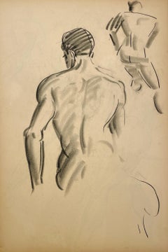 Un raffinato disegno di studio di figura accademica moderna degli anni '30, con modello maschile seduto (retro)