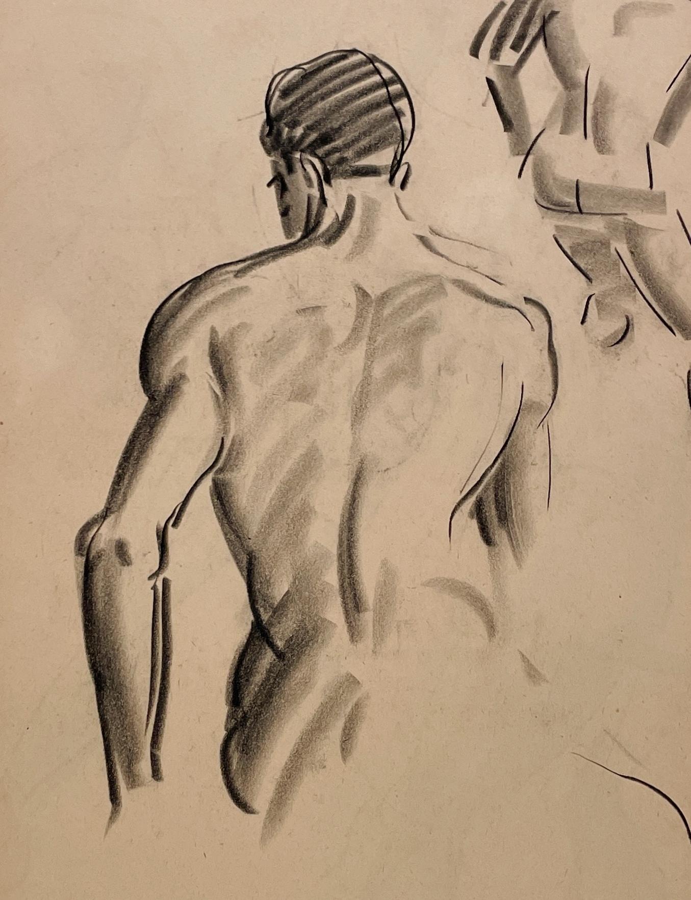 Un raffinato disegno di studio di figura accademica moderna degli anni '30, con un modello di nudo maschile seduto (schiena) del noto artista di Chicago Harold Haydon (Am. 1909-1994).  Un disegno a carboncino di Haydon dei primi anni '30,