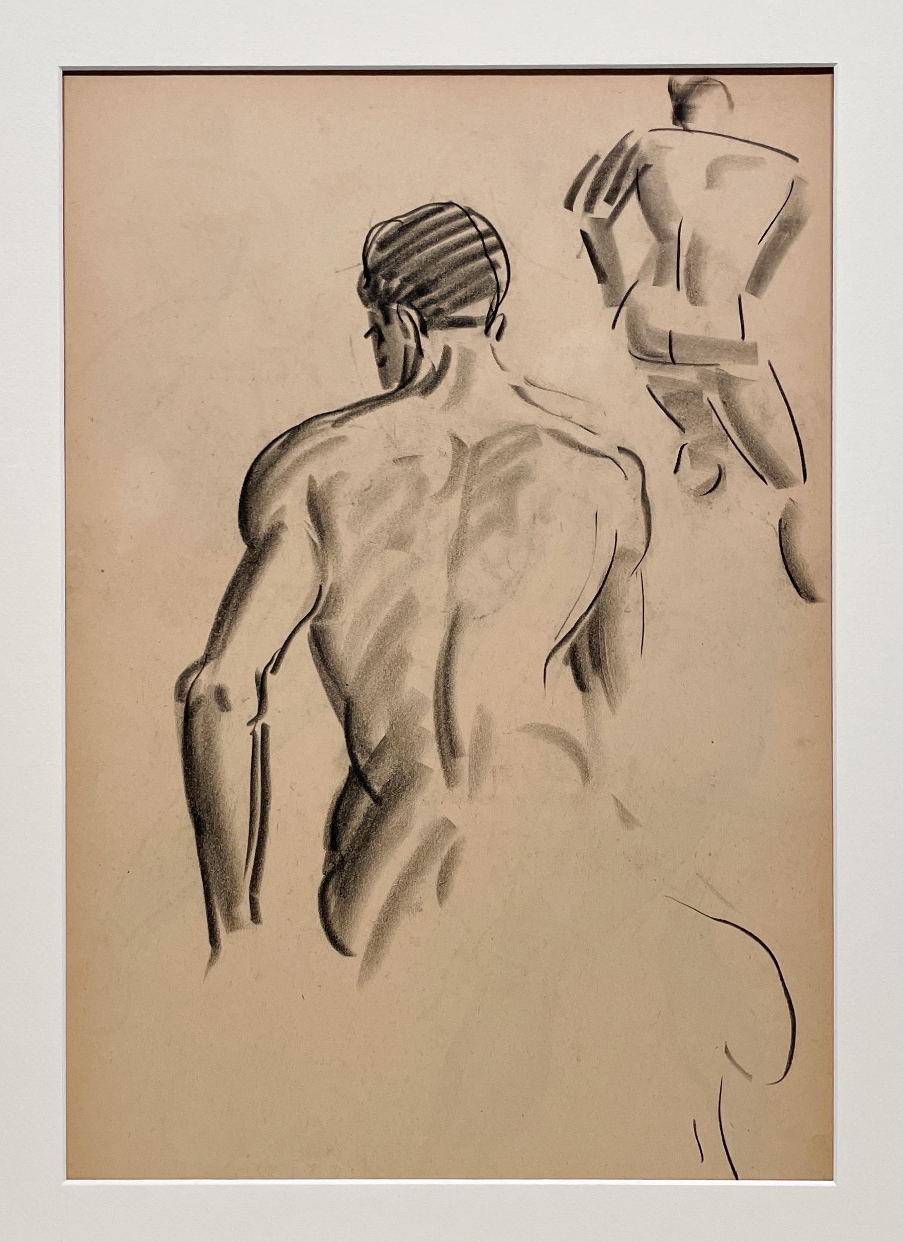 Un raffinato disegno di studio di figura accademica moderna degli anni '30, con modello maschile seduto (retro) - Art American Modern di Harold Haydon