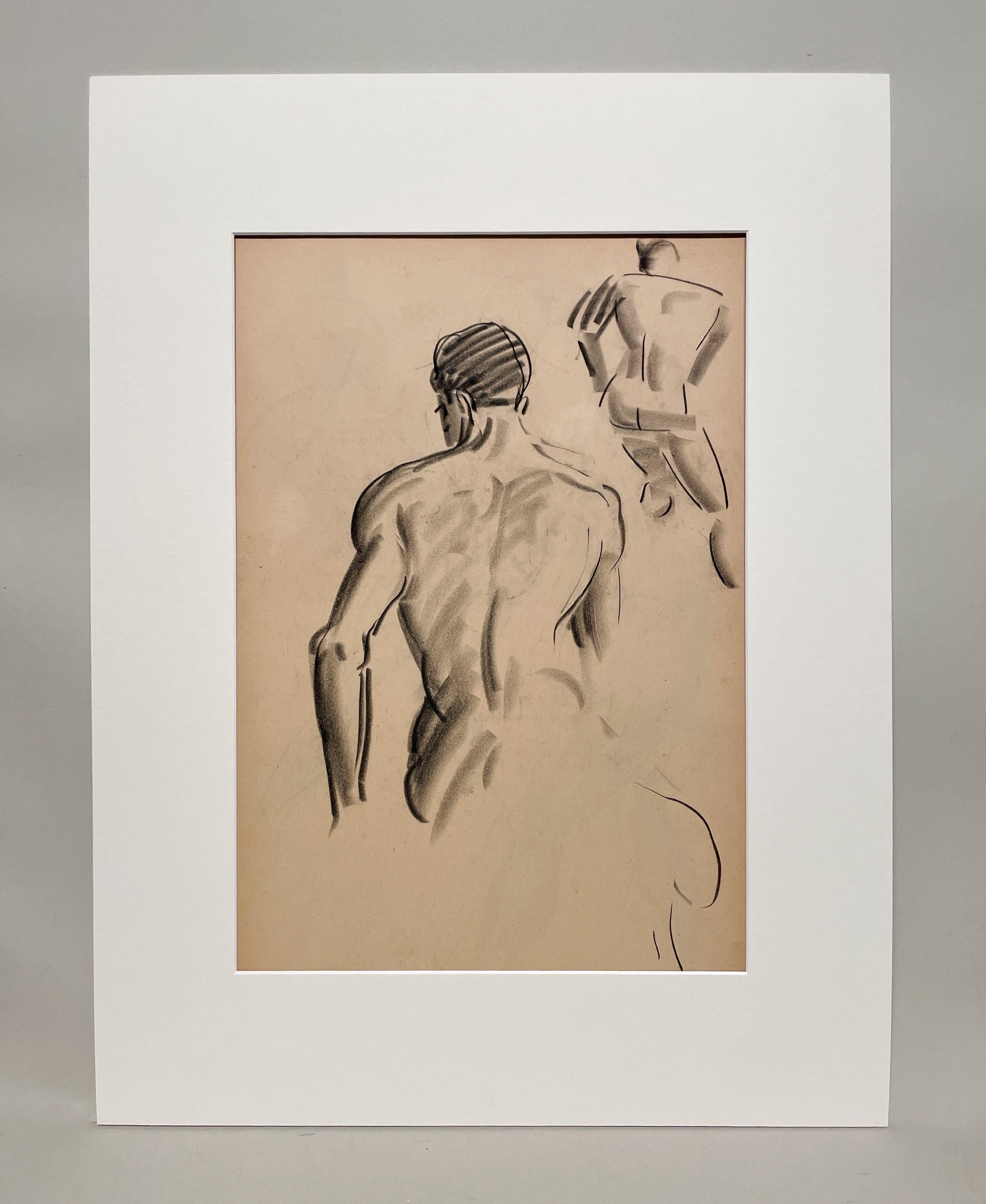 Un raffinato disegno di studio di figura accademica moderna degli anni '30, con modello maschile seduto (retro) - Art di Harold Haydon