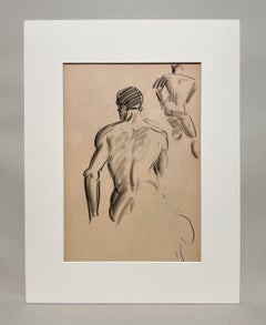 A Fine 1930s, Modern Academic Figure Study Drawing, Seated Male Model (Back)