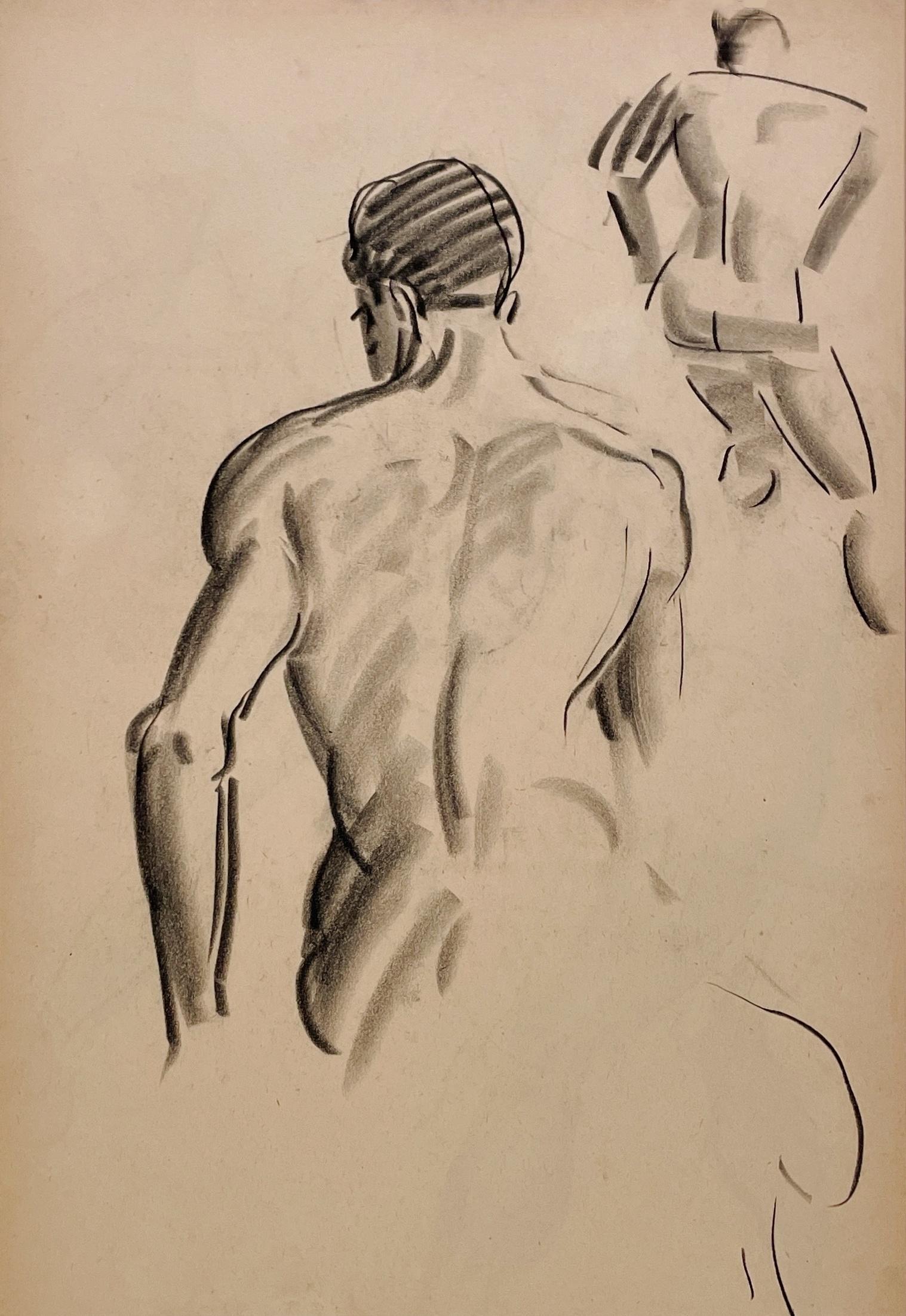 Un raffinato disegno di studio di figura accademica moderna degli anni '30, con modello maschile seduto (retro) - Nude Beige di Harold Haydon