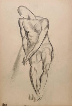 Un raffinato disegno di studio di figura accademica moderna Art Deco degli anni '30, con modello maschile seduto