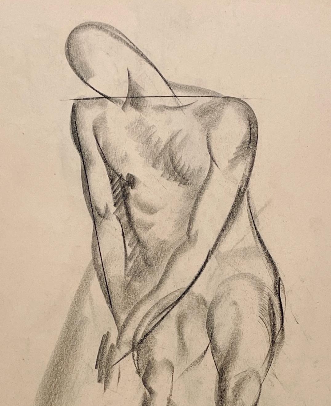 Fine Arttych Fine Arts, Art Deco Modern Academic Figure Study Drawing, Seated Male Model. en vente 1