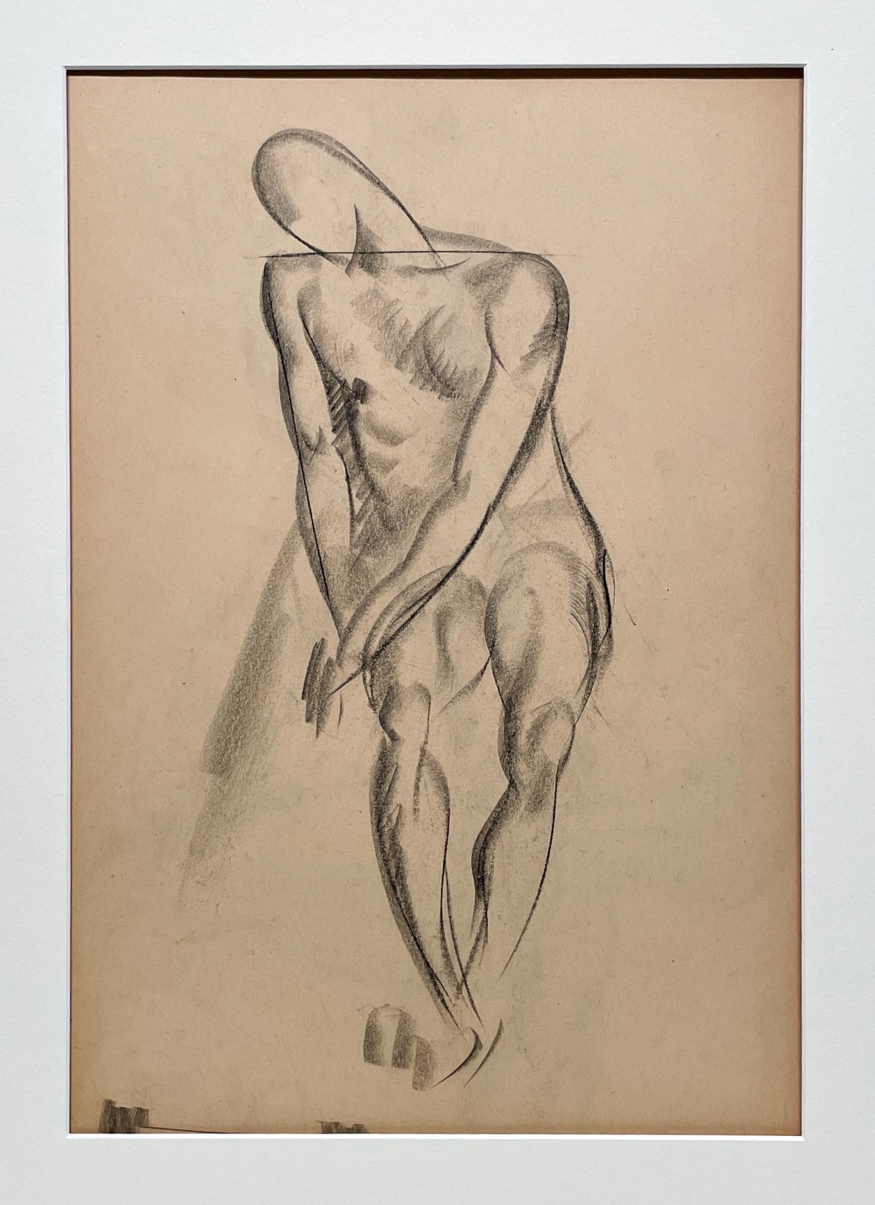Dessin d'étude d'un modèle masculin assis, réalisé par le célèbre artiste de Chicago Harold Haydon (Am. 1909-1994), dans les années 1930, de style Art déco moderne.  Un dessin au fusain exceptionnellement bien exécuté par Haydon au début des années